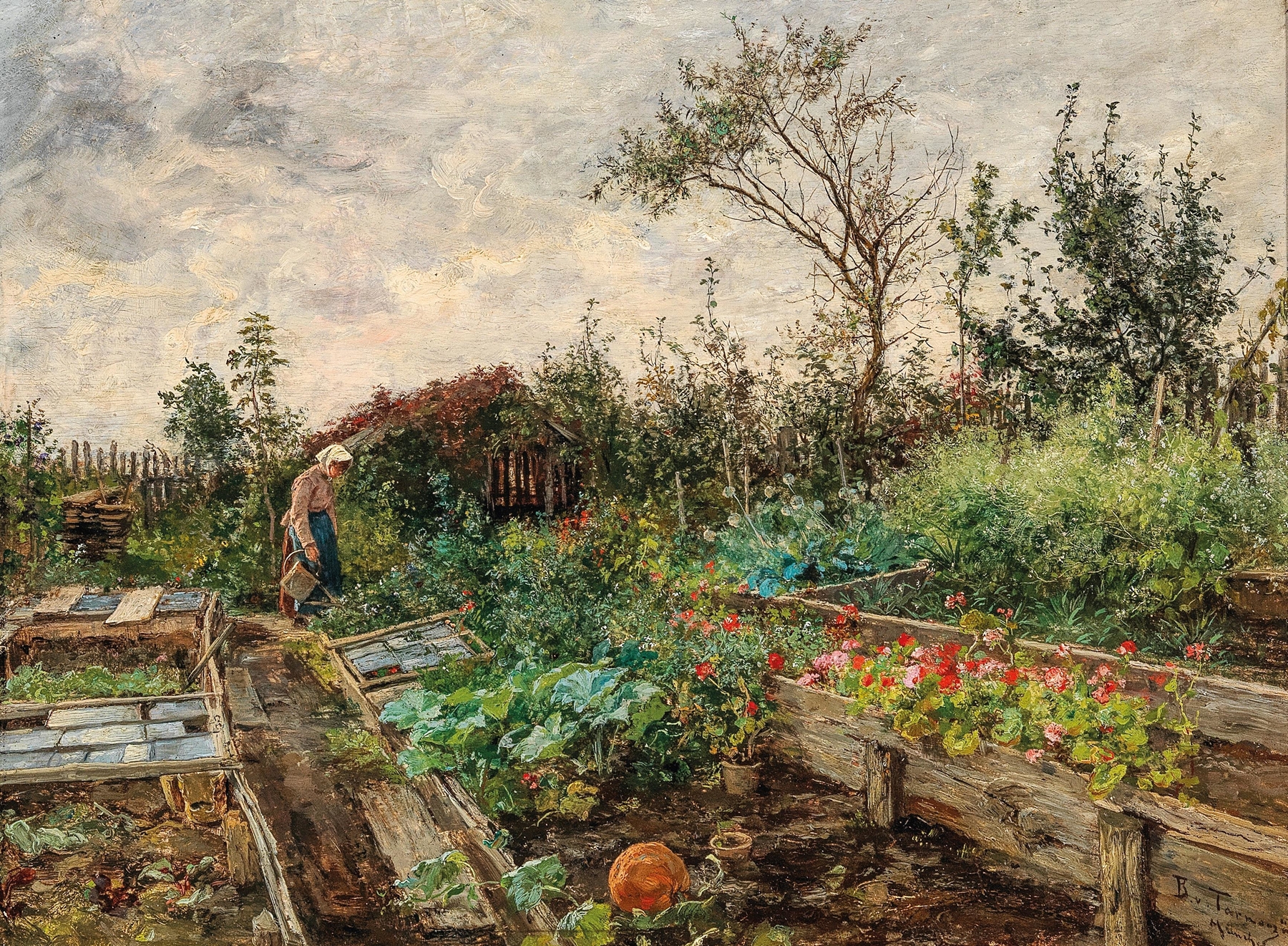 In the Farmhouse Garden, oil on canvas by Bertha von Tarnoczy, featuring a woman in a garden.