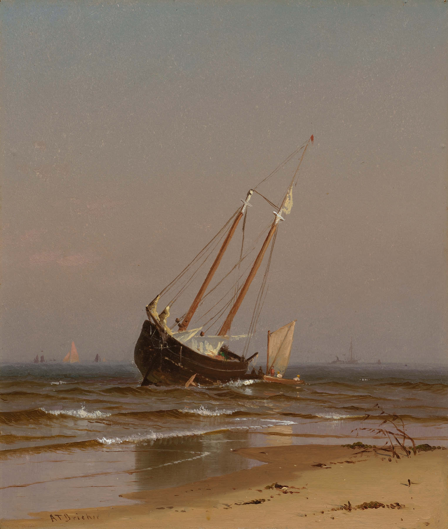 Seascape, Beached Boat by Alfred Thompson Bricher, oil painting of a beached boat on the shore.