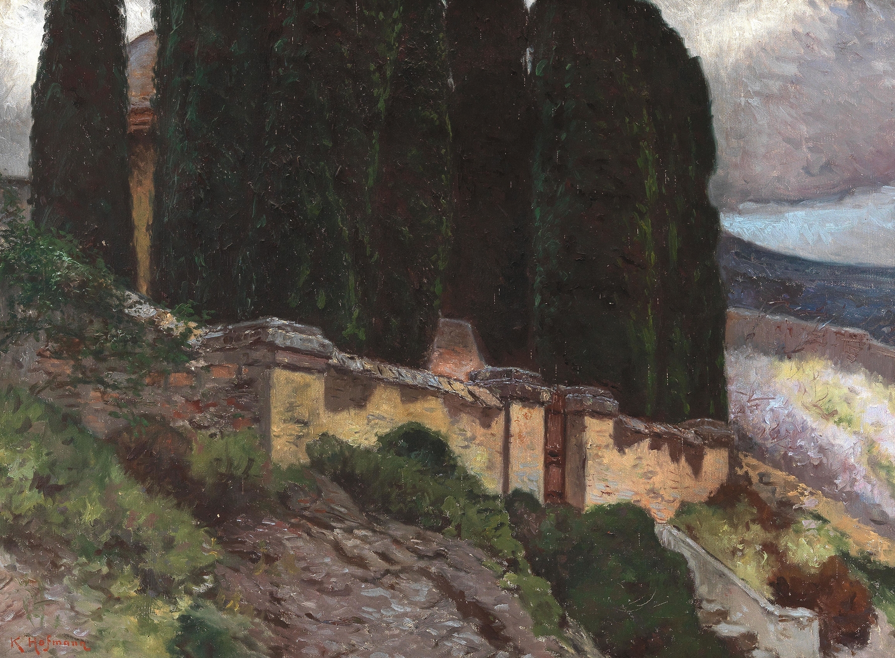 Cypresses by Karl Hofmann, oil on canvas depicting cypress trees and a serene sky.