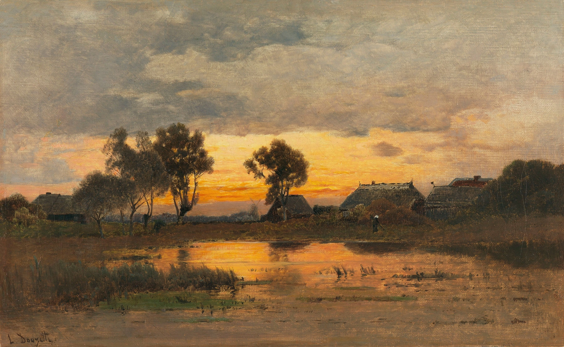 oil painting by Louis Douzette depicting twilight over serene waters