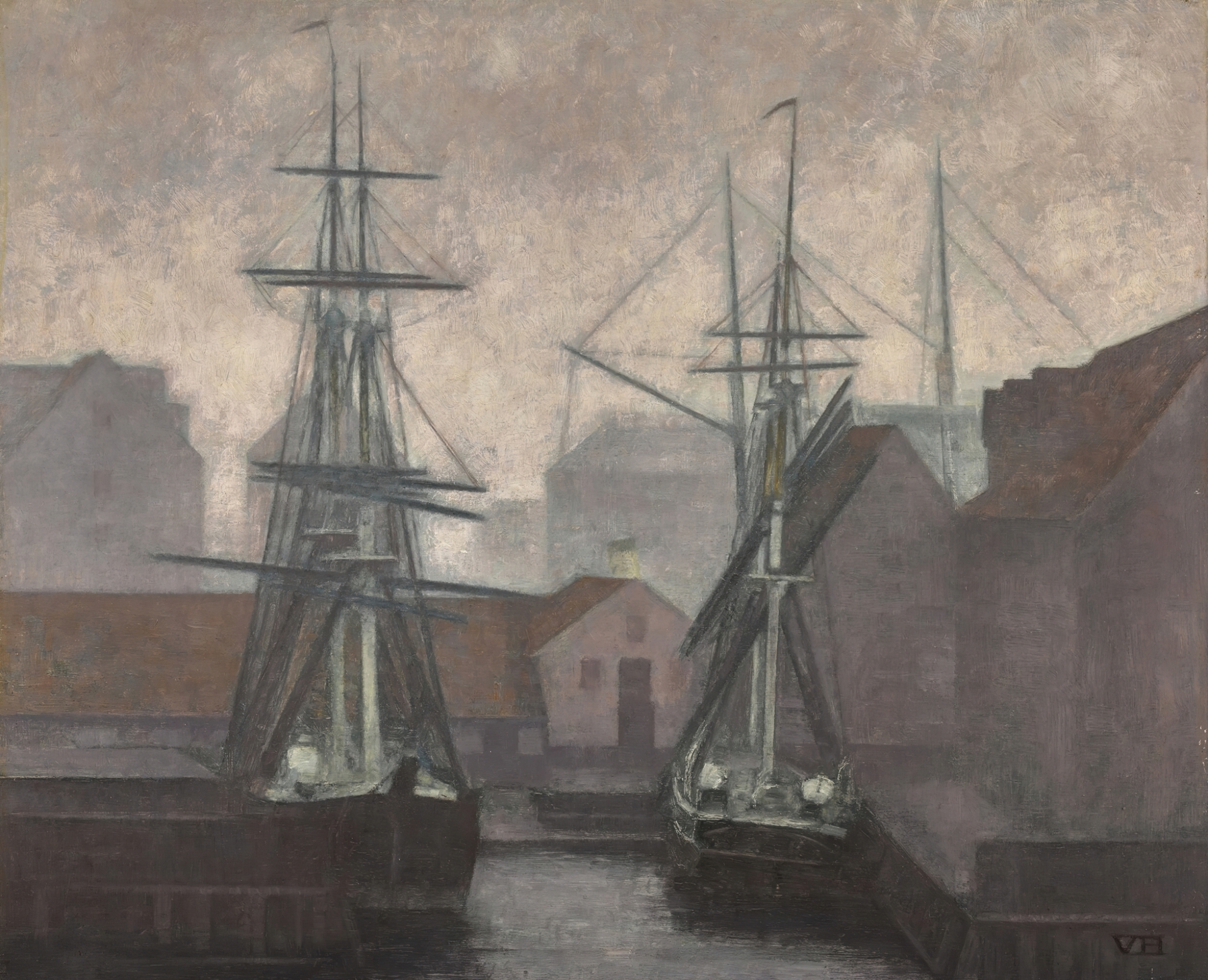 Marine scene at Greenland Trade Wharf in Copenhagen by Vilhelm Hammershøi, oil painting