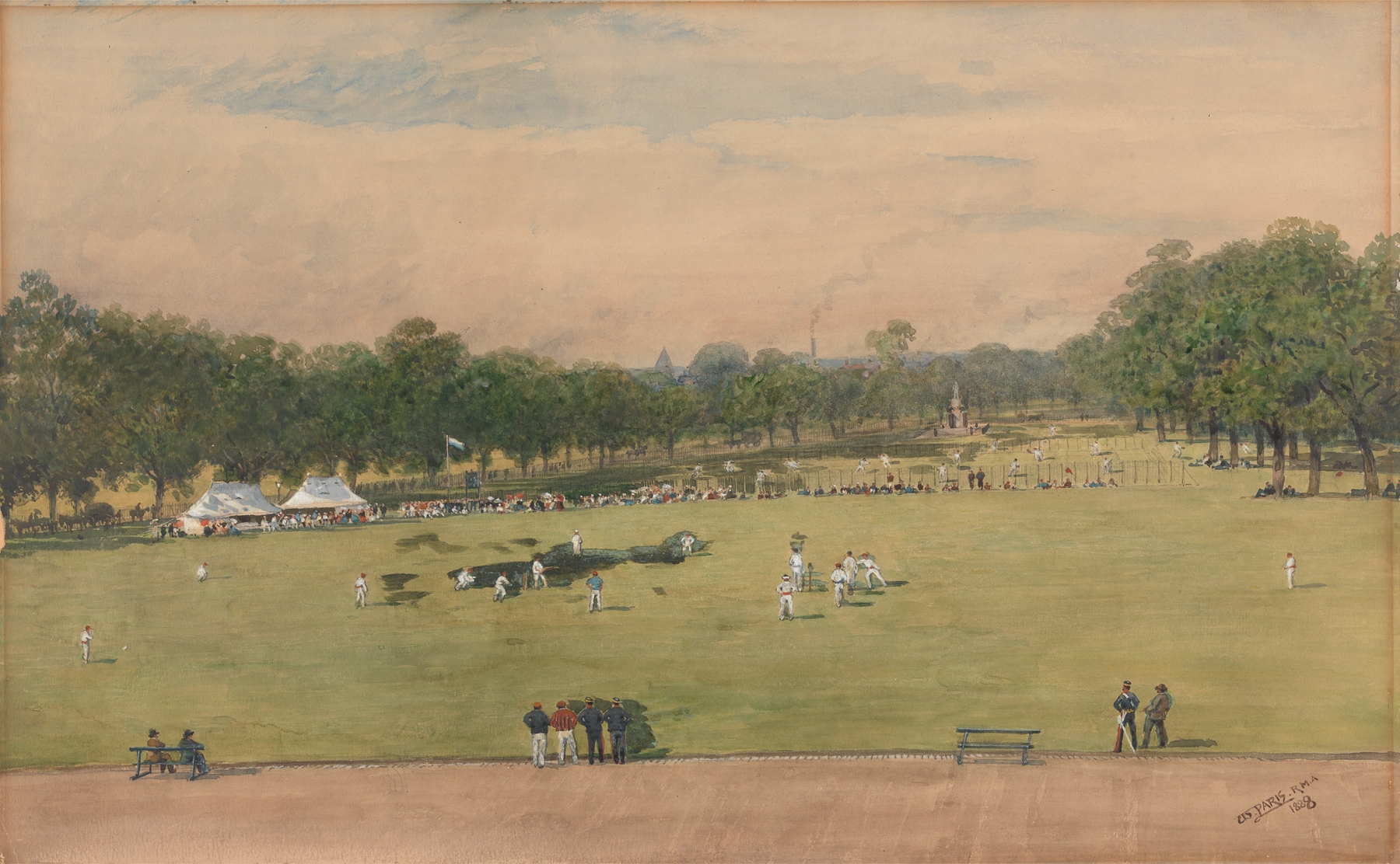 A cricket match scene with players in uniforms, oil painting by Walter Paris