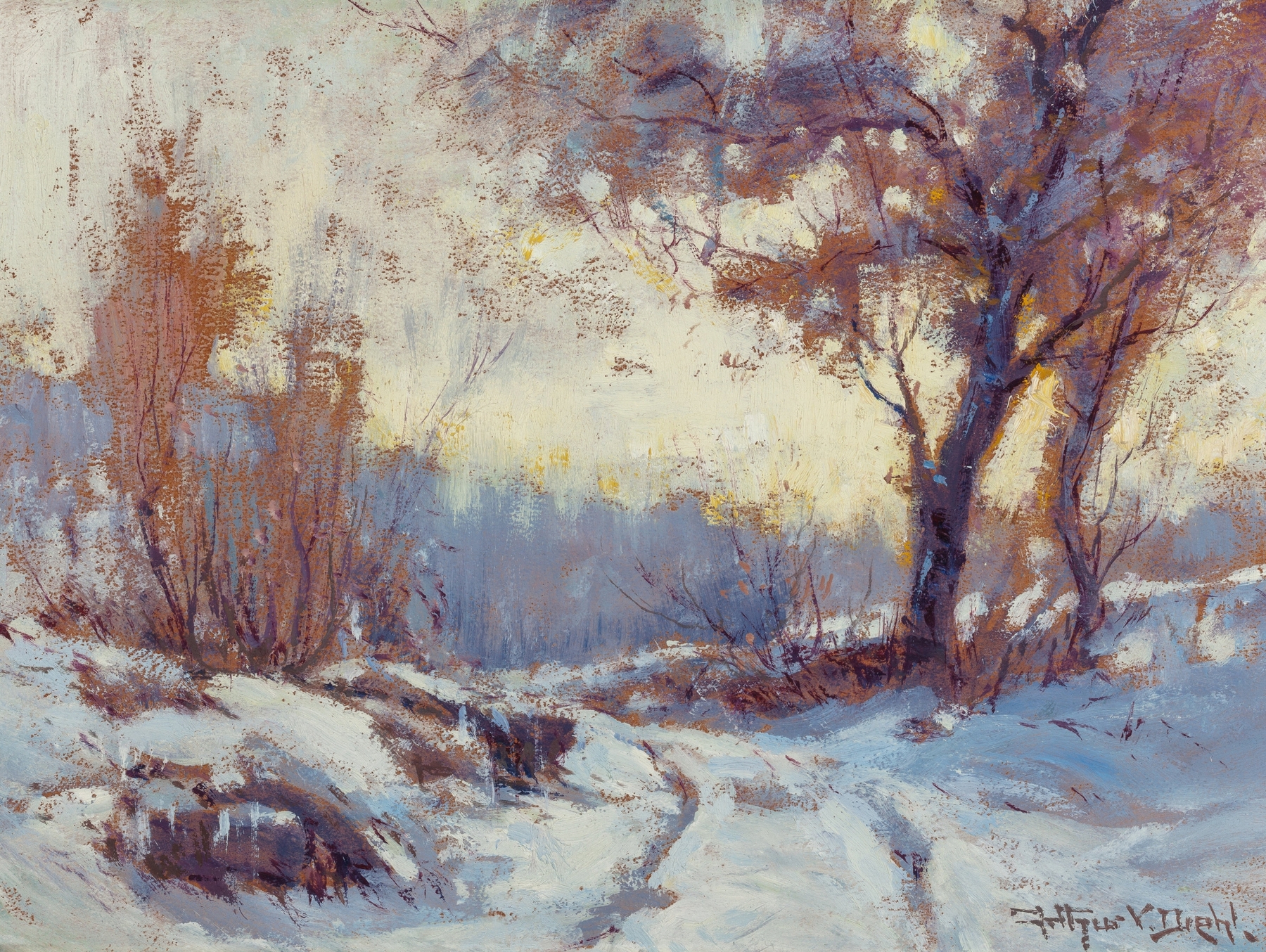 Winter landscape with snow-laden trees by Arthur Vidal Diehl, oil painting