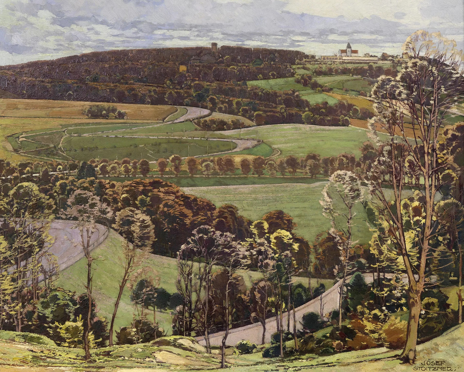 Landscape oil painting by Josef Stoitzner depicting a pathway and sunlight.