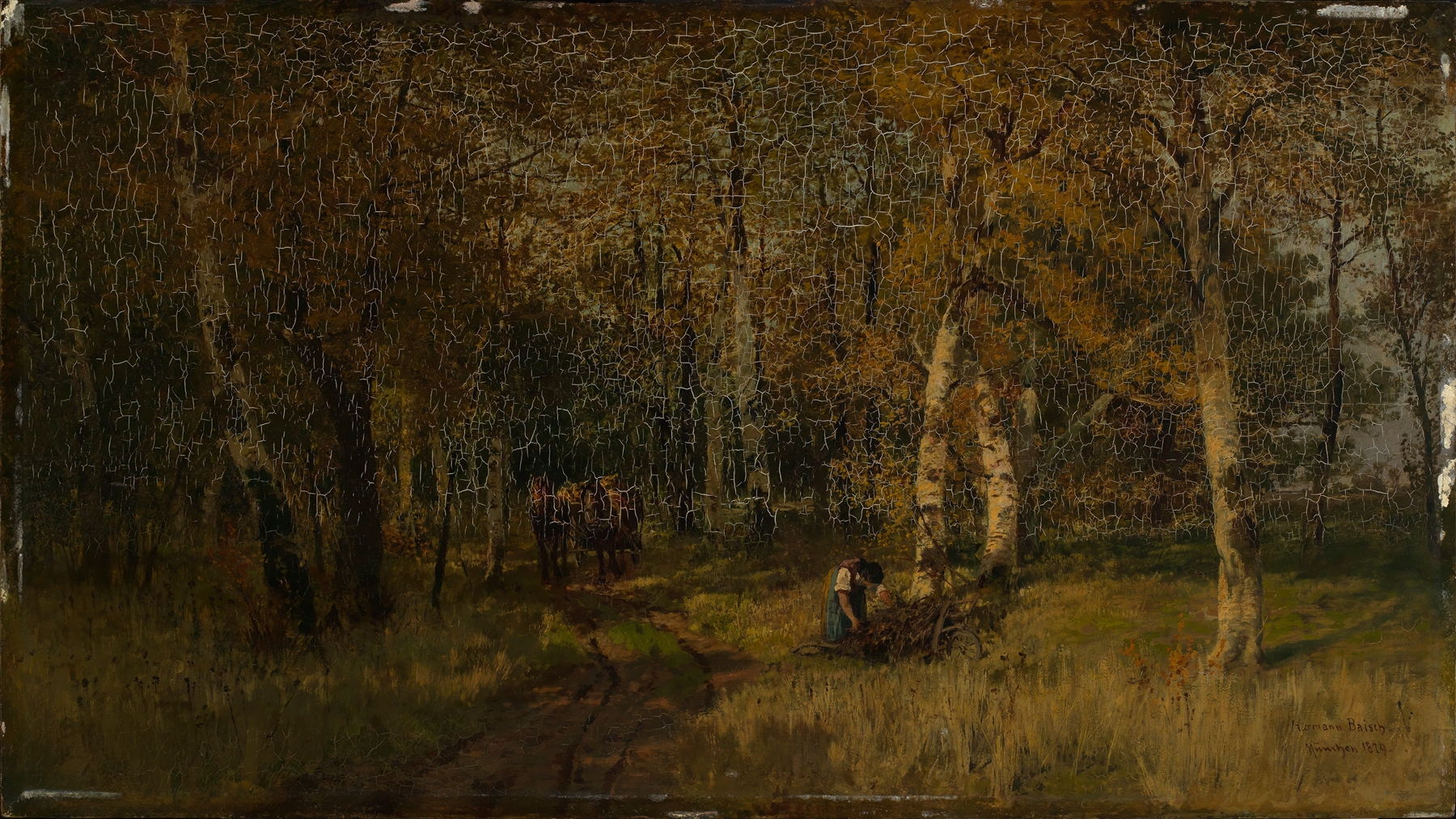 Waldinneres im Herbst by Hermann Baisch, oil on canvas depicting a forest with autumn sunlight.