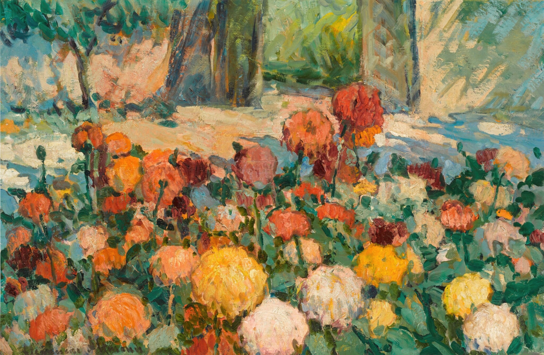Botanical scene of vibrant flowers in a park by Alexander Altmann, medium unknown.