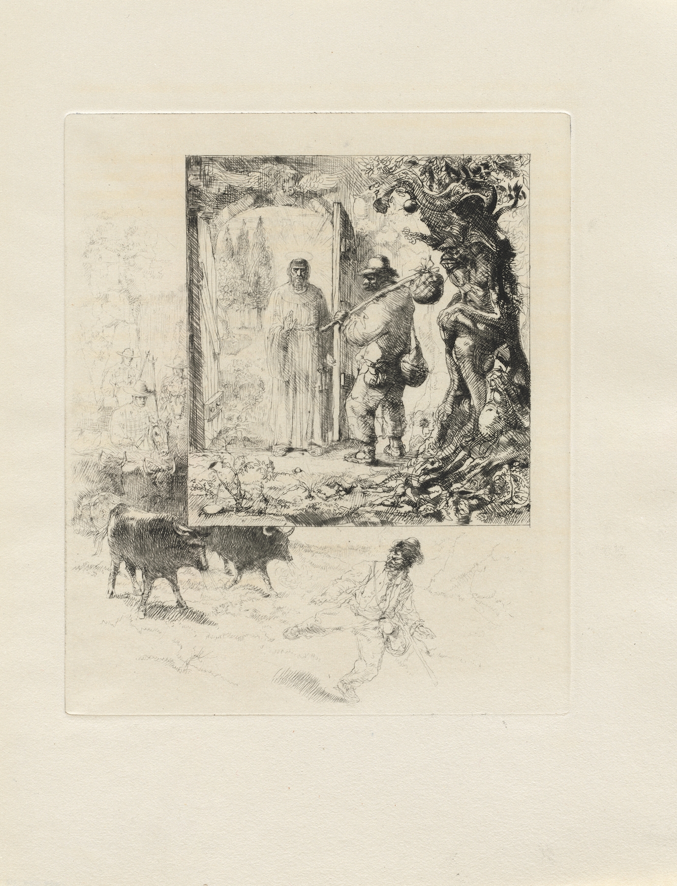 Figurative etching by Auguste Brouet depicting introspection and shadows.