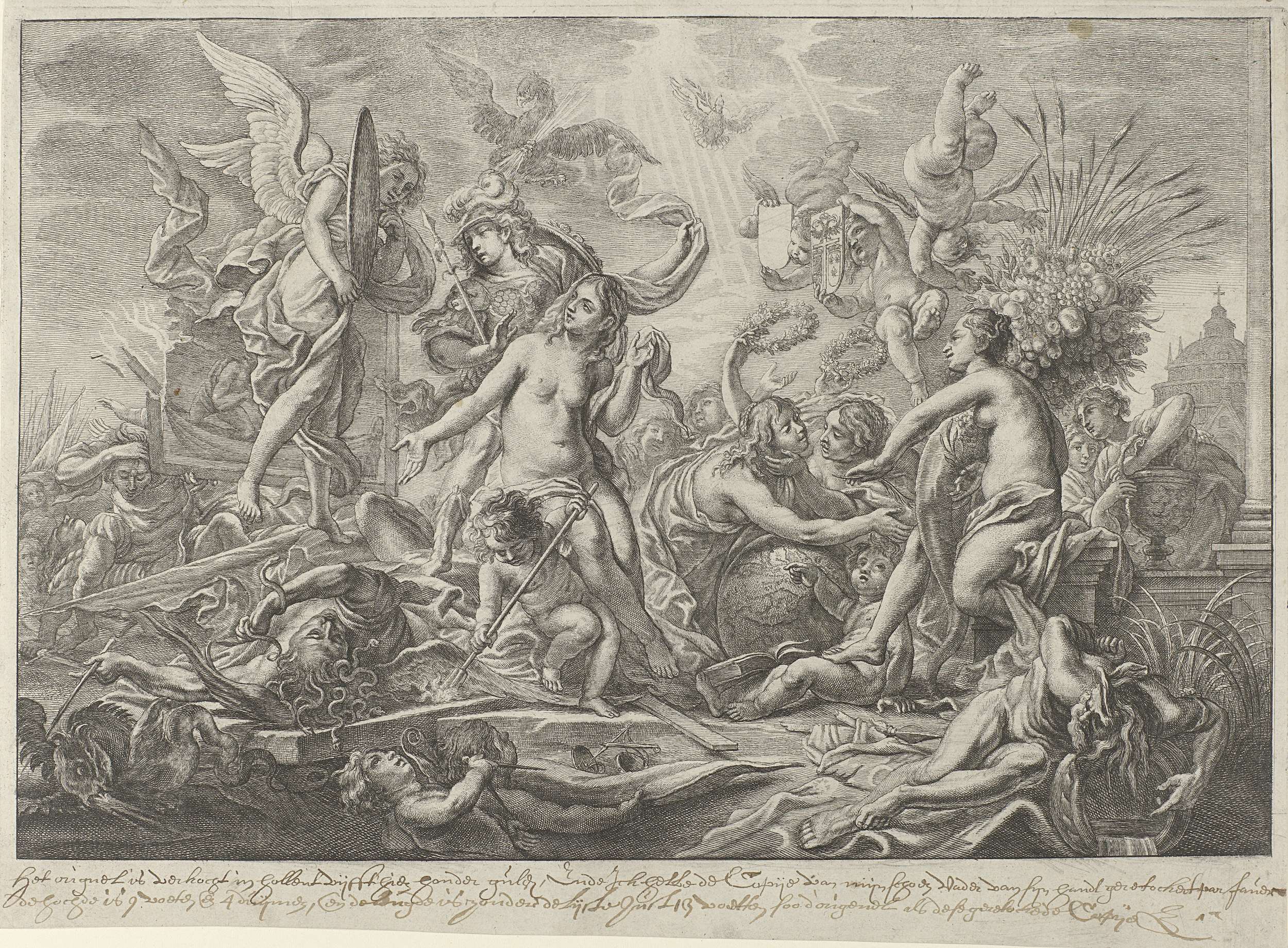 Allegorie op de Vrede van Westfalen, etching by Wenceslaus Hollar depicting serene figures embodying peace.