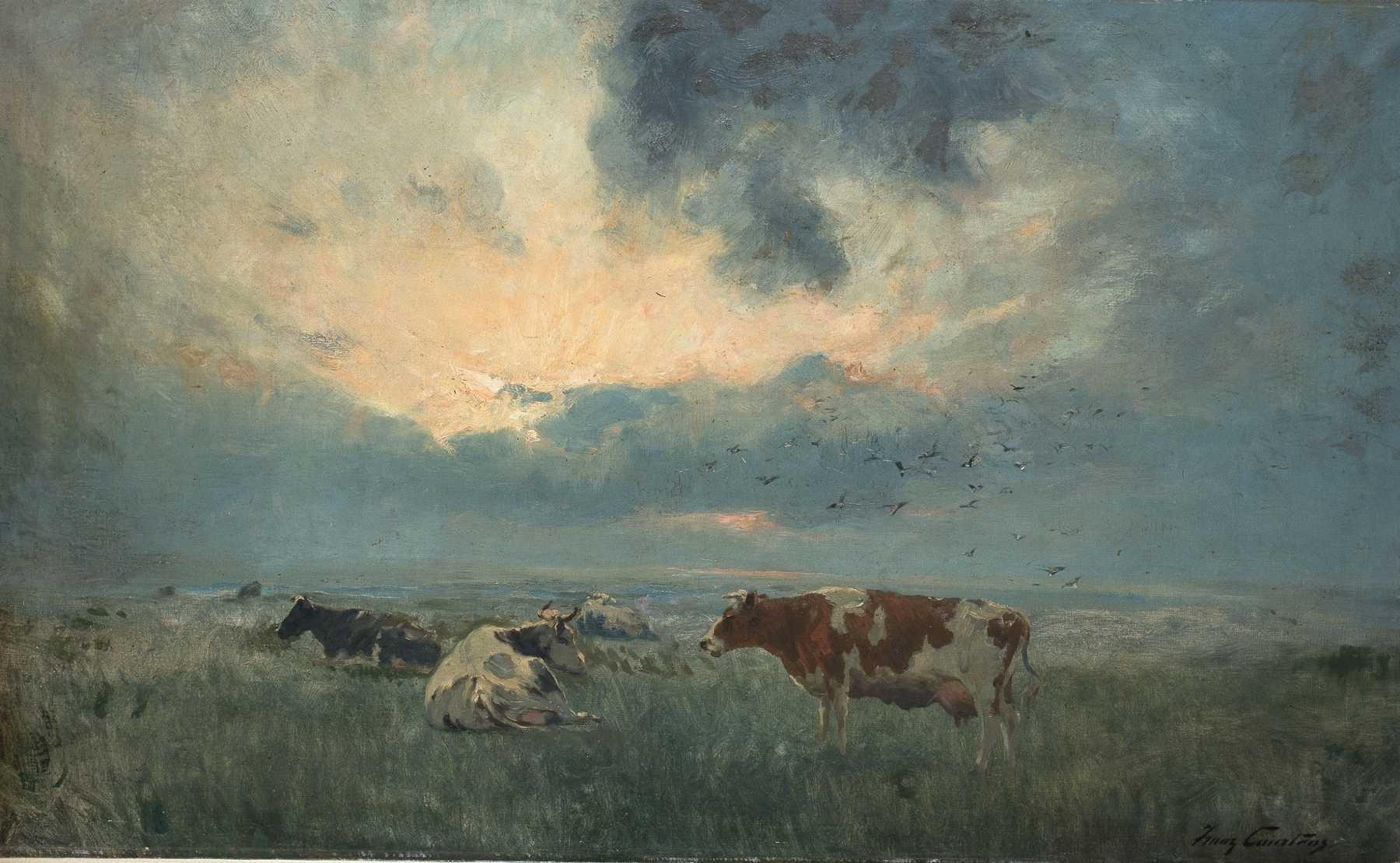 Cows grazing in a meadow, oil painting by Franz Courtens