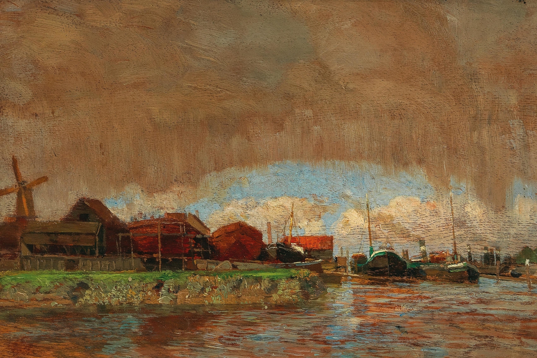 Rain and Sunshine, Dordrecht by Tina Blau, oil painting depicting a landscape with rain and sunlight.
