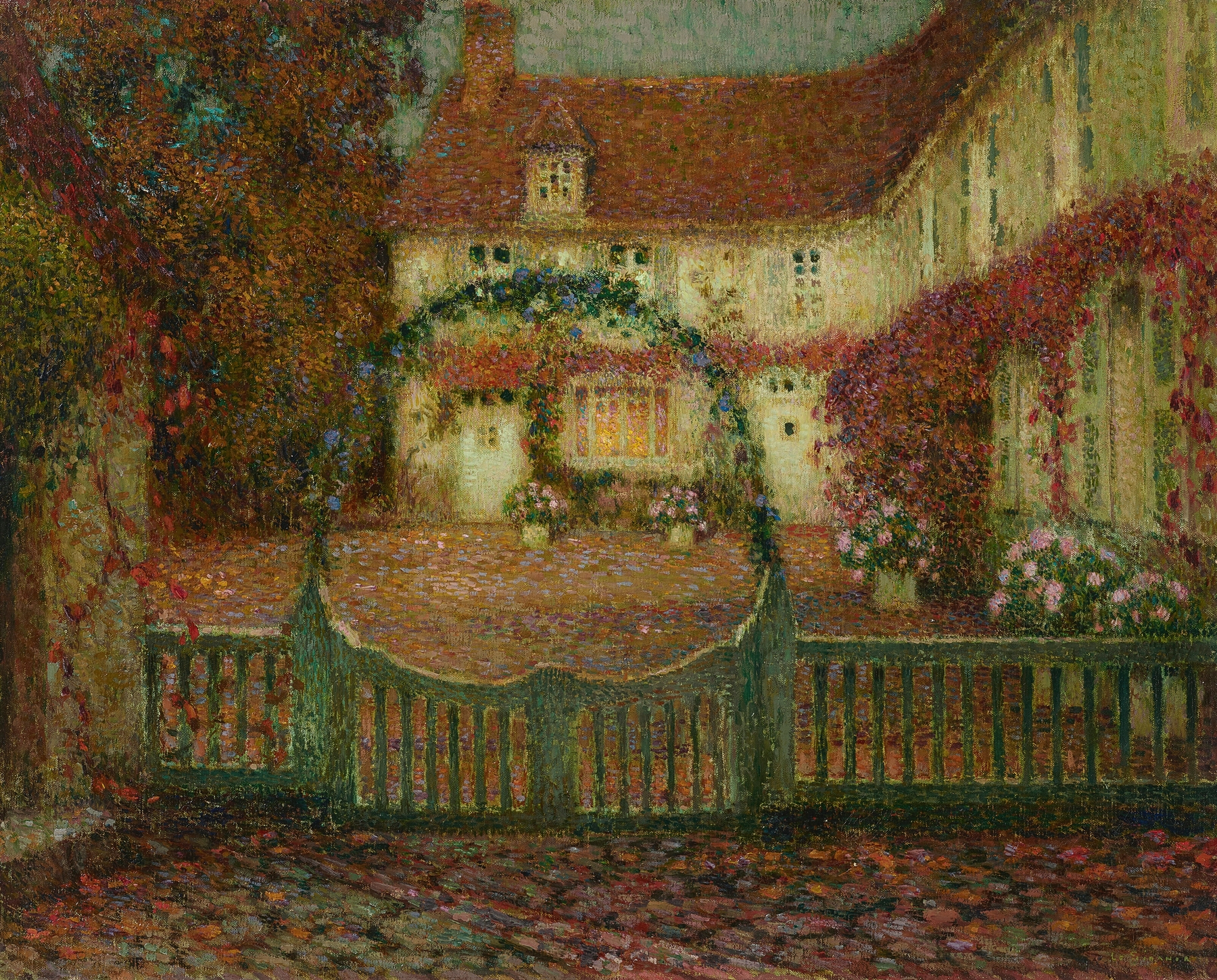 Landscape oil painting by Henri Le Sidaner featuring a house in golden light