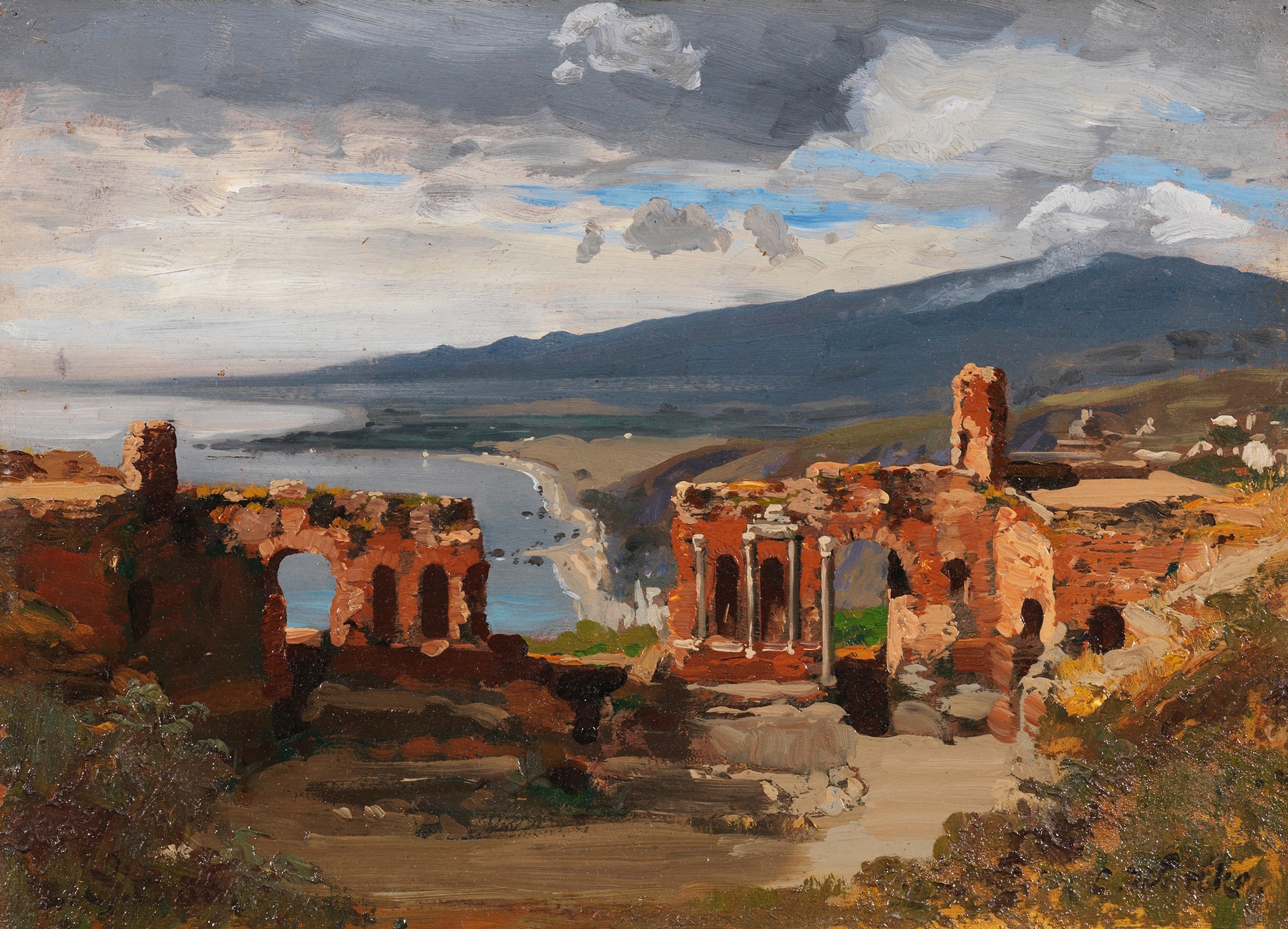 Blick vom antiken Theater in Taormina auf den Ätna by Carl Wuttke, oil painting depicting ancient ruins.