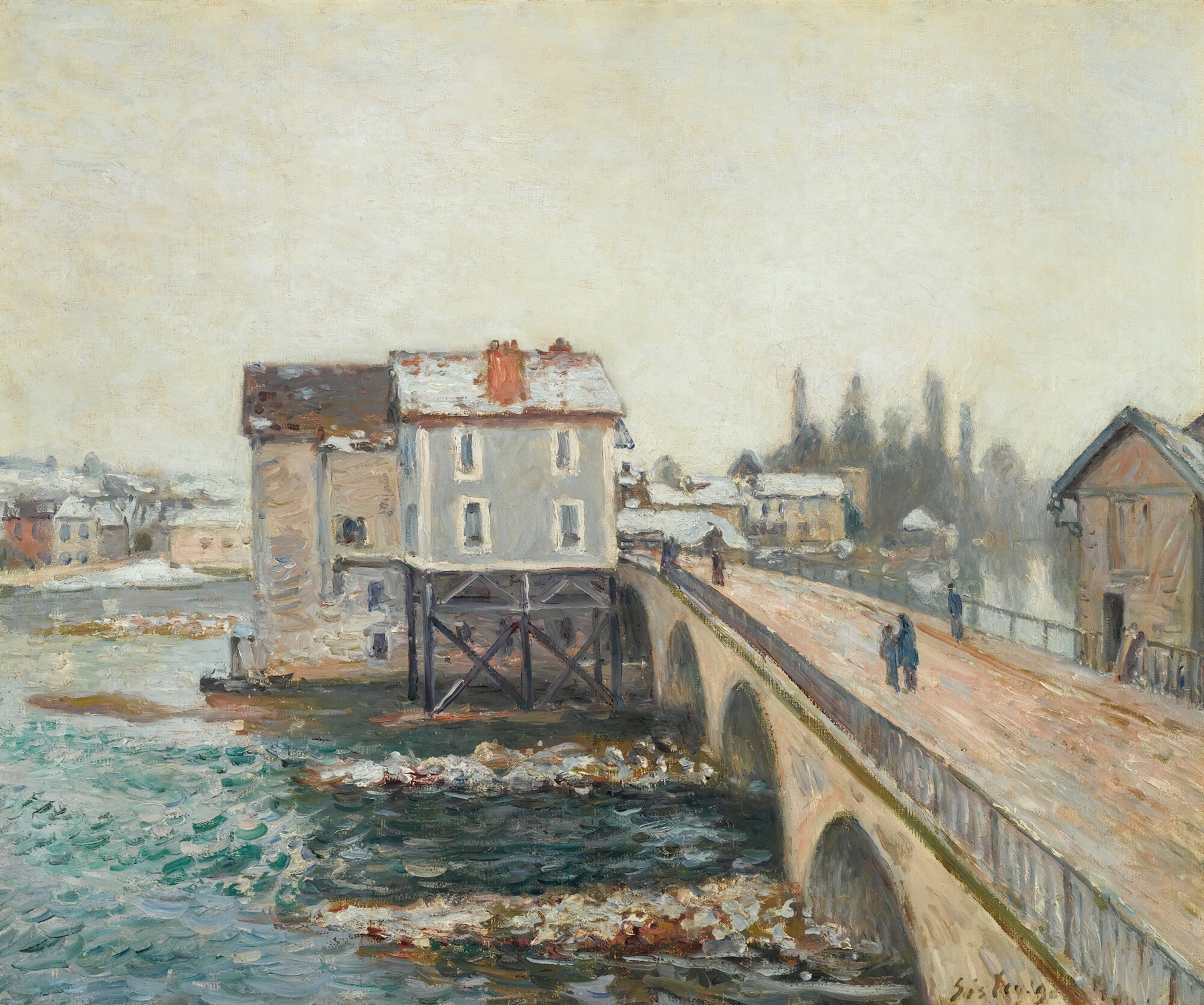 Le Pont De Moret Et Les Moulins – Effet D’hiver by Alfred Sisley, oil painting of a winter landscape featuring a bridge.