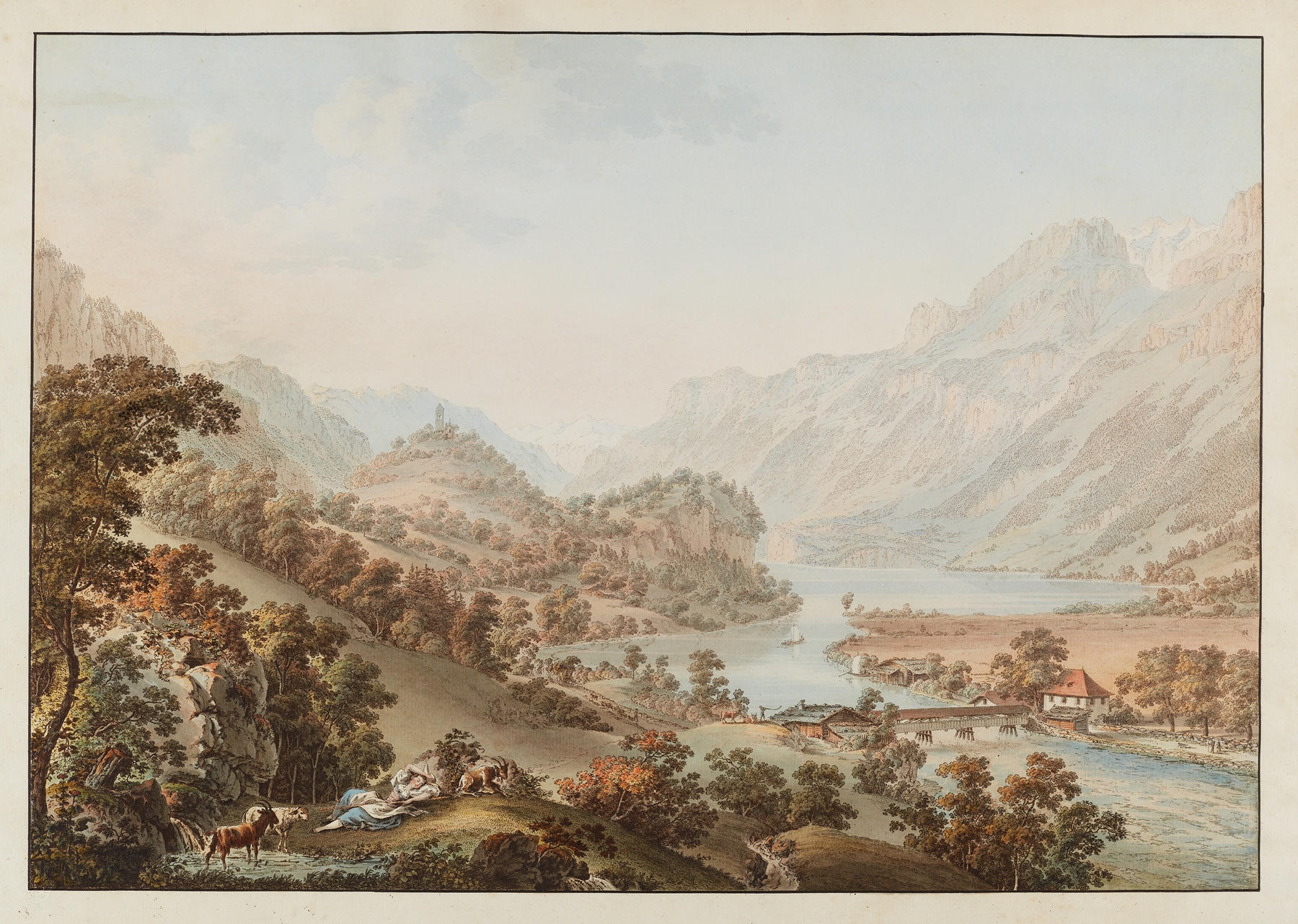 Landscape featuring a tranquil lake with lush foliage by Gabriel Lory the older
