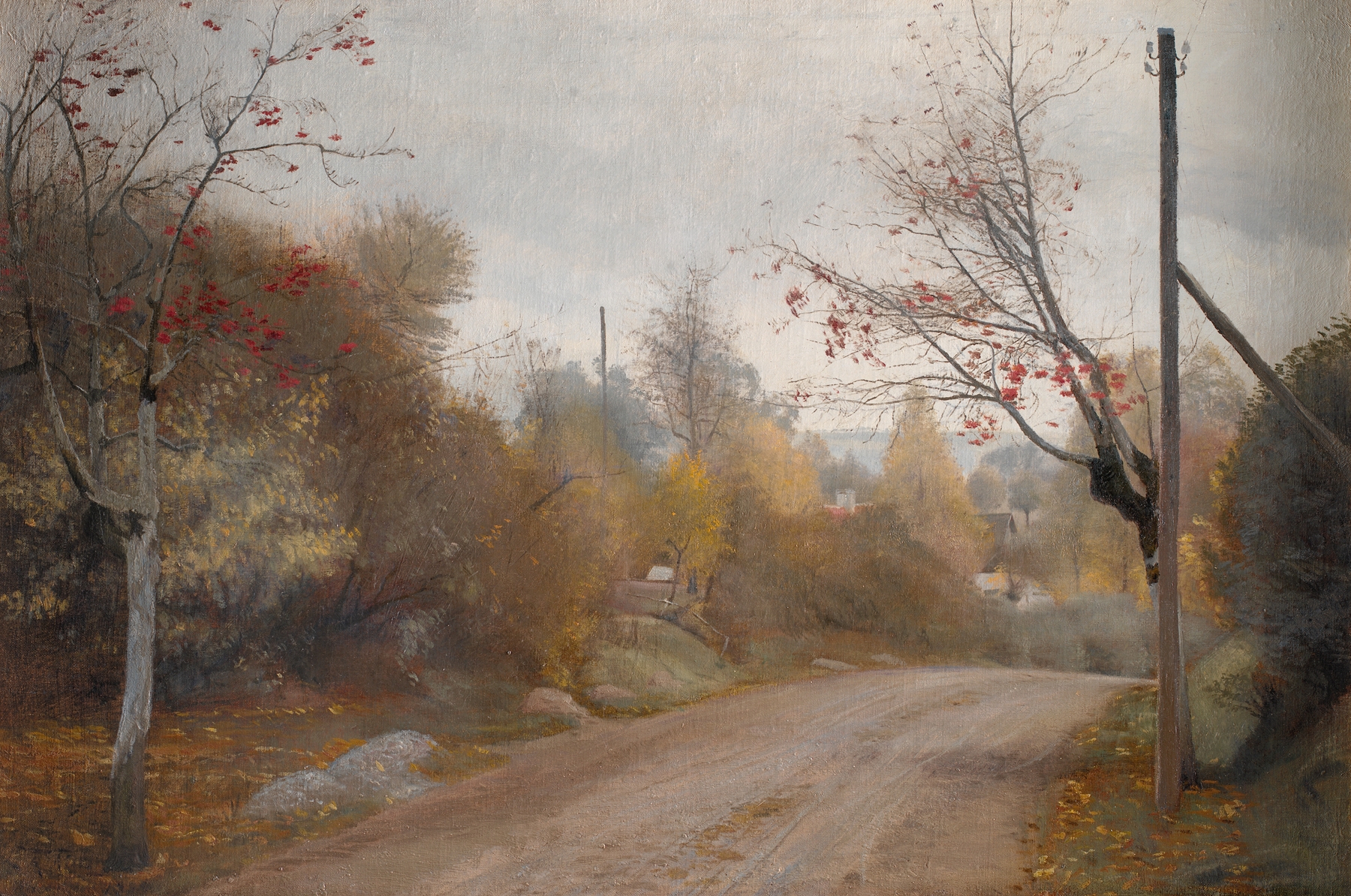 Oil painting by Laurits Andersen Ring depicting a winding road through autumn trees