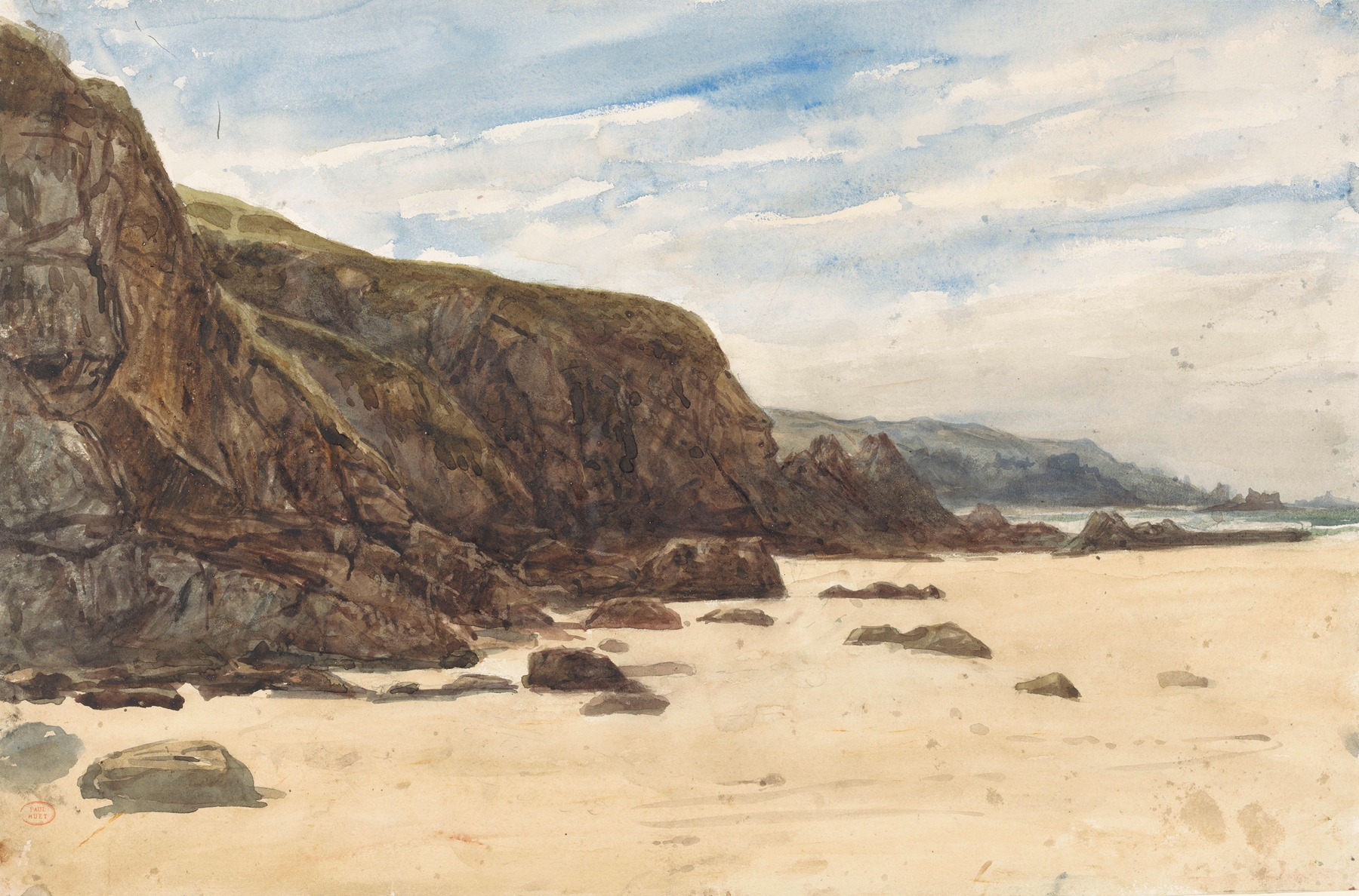 Marine scene with black rocks and sea by Paul Huet, oil painting