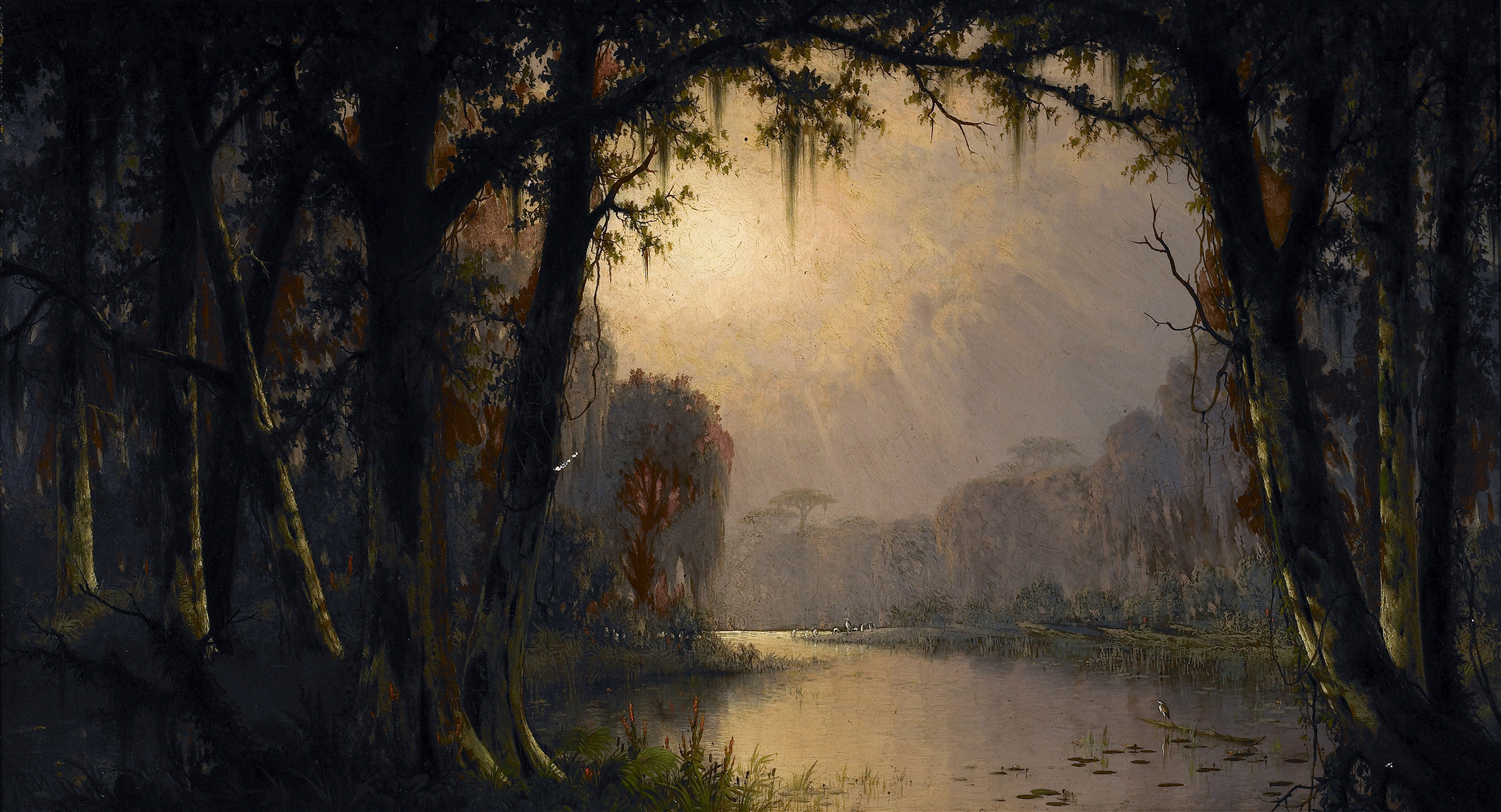 Bayou Teche, Louisiana by Joseph Rusling Meeker, oil on canvas depicting a serene bayou at dusk.