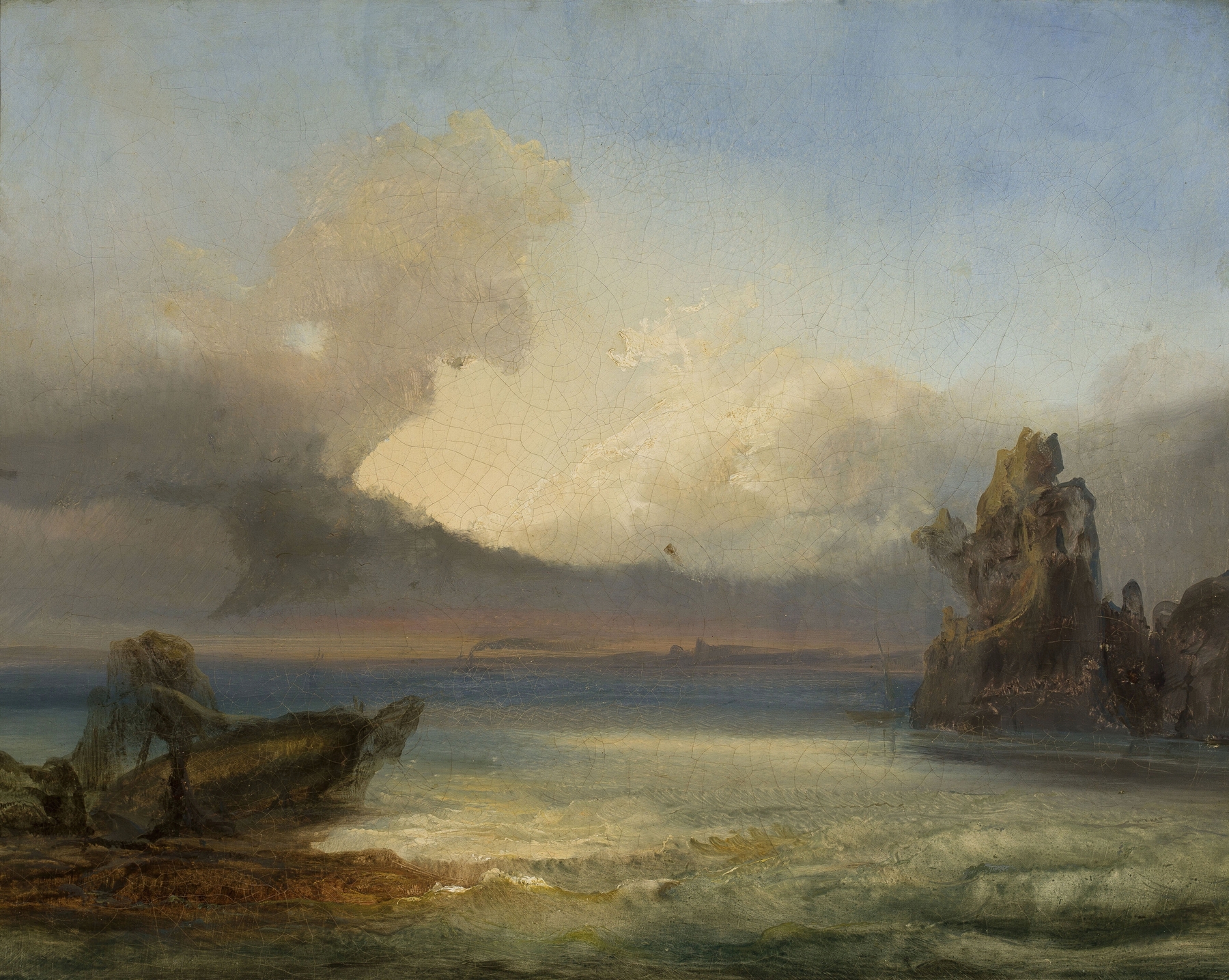 Marine landscape by James Baker Pyne, oil painting depicting ocean waves and a cloud-streaked sky.