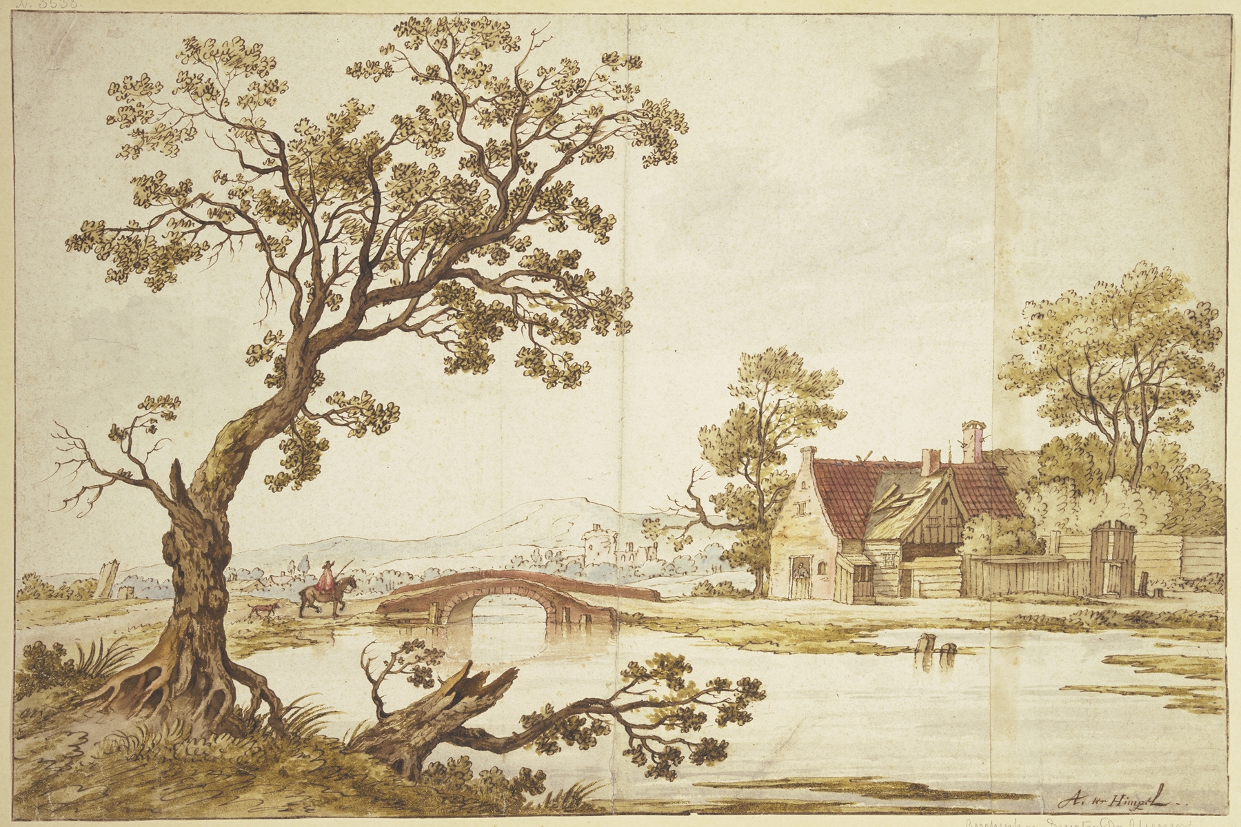 Landscape oil painting by Aernout Ter Himpel featuring a farmhouse and a bridge.