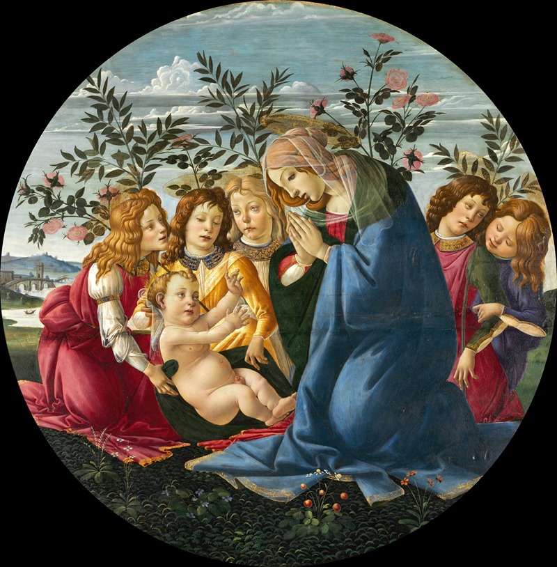 Sandro Botticelli's Madonna Adoring the Child with Five Angels showcases a tender moment between the Virgin Mary and the Christ Child.
