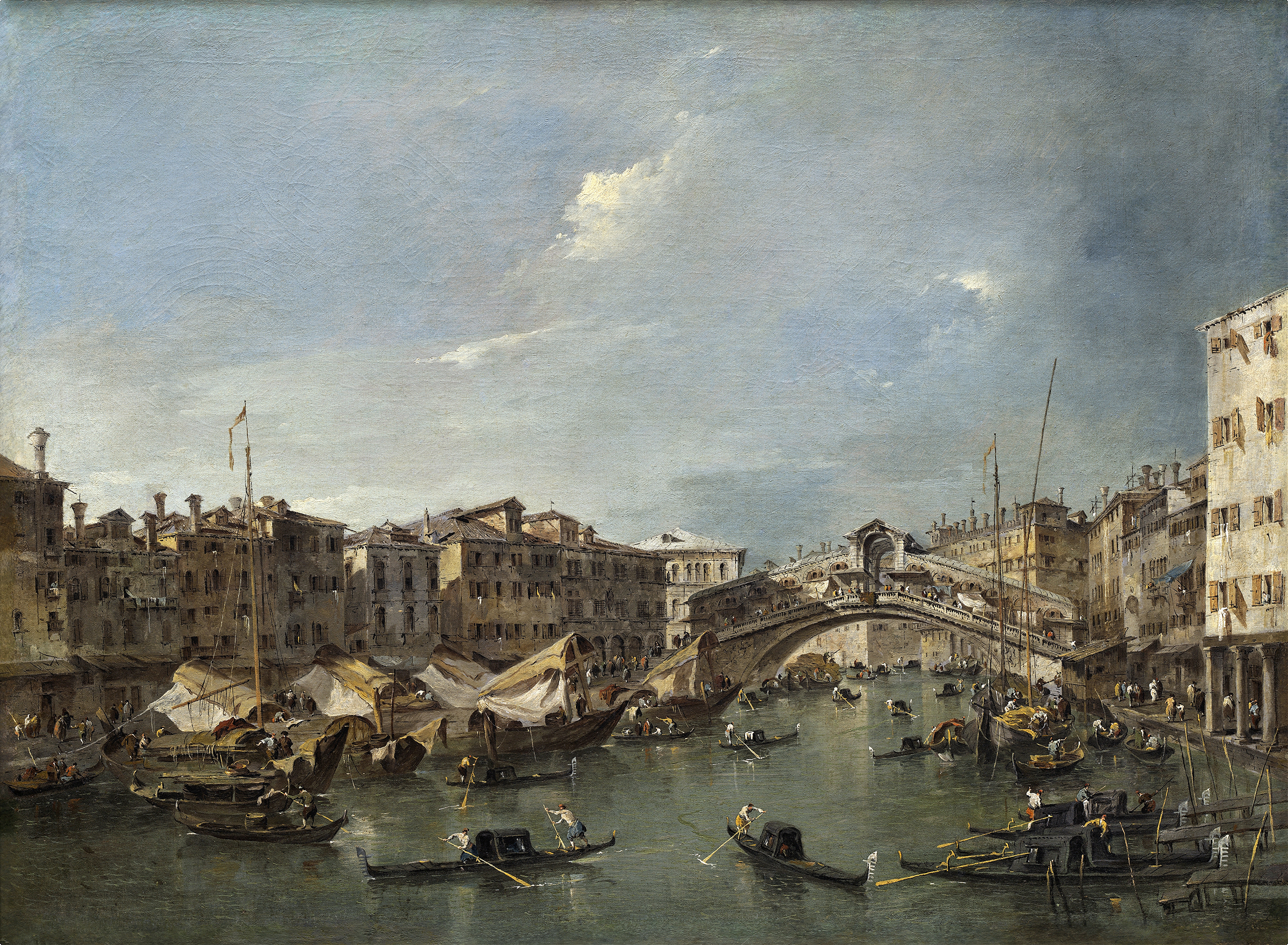 Grand Canal with the Rialto Bridge,Venice, by Francesco Guardi, public domain