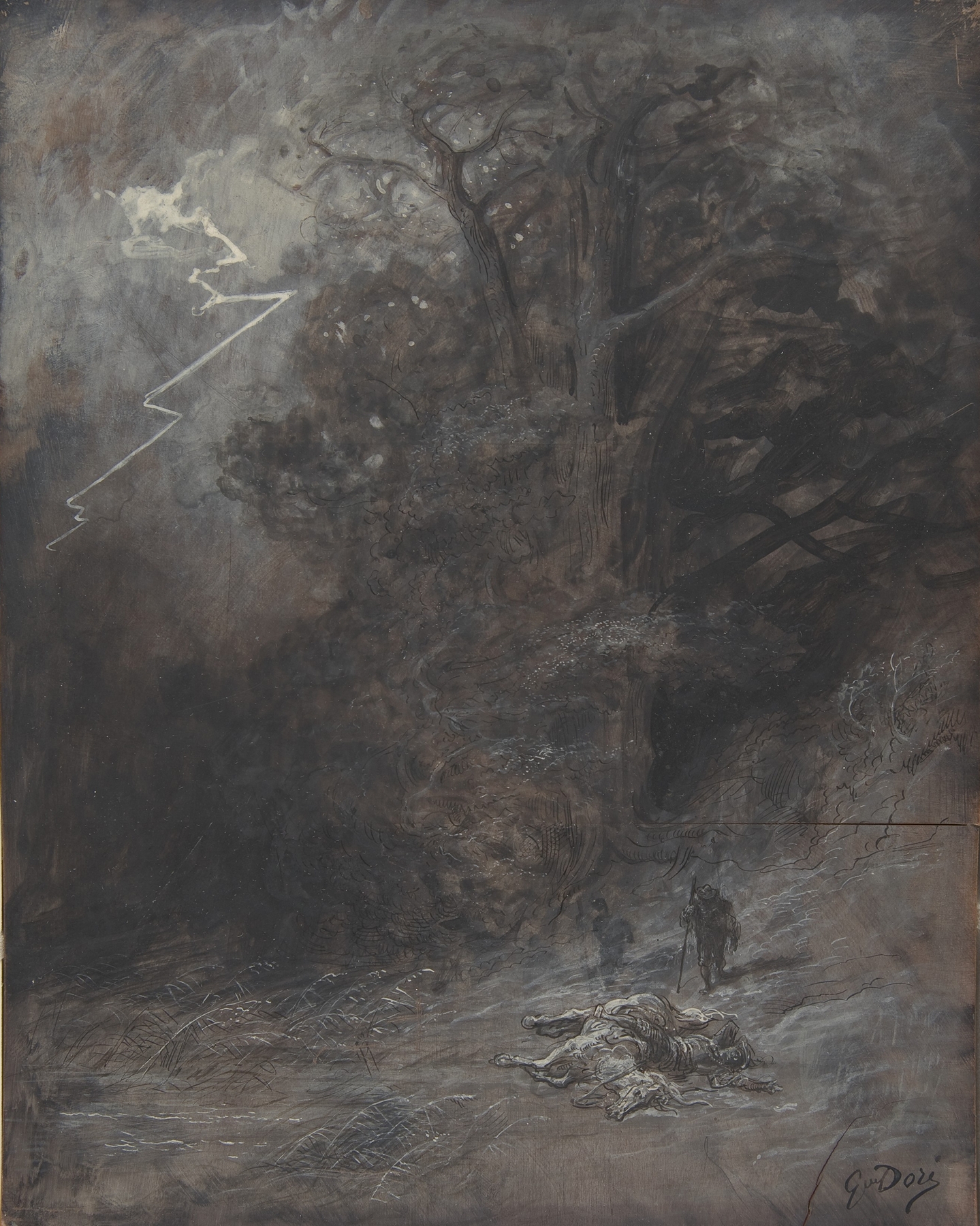 A rider and a dead horse in a landscape, oil painting by Gustave Doré