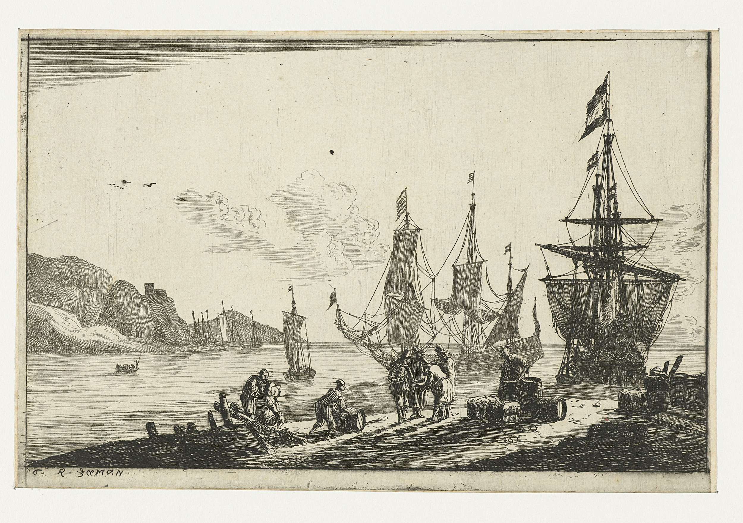 Haven met zeilschepen en zeelieden op de kade, by Reinier Nooms, public domain