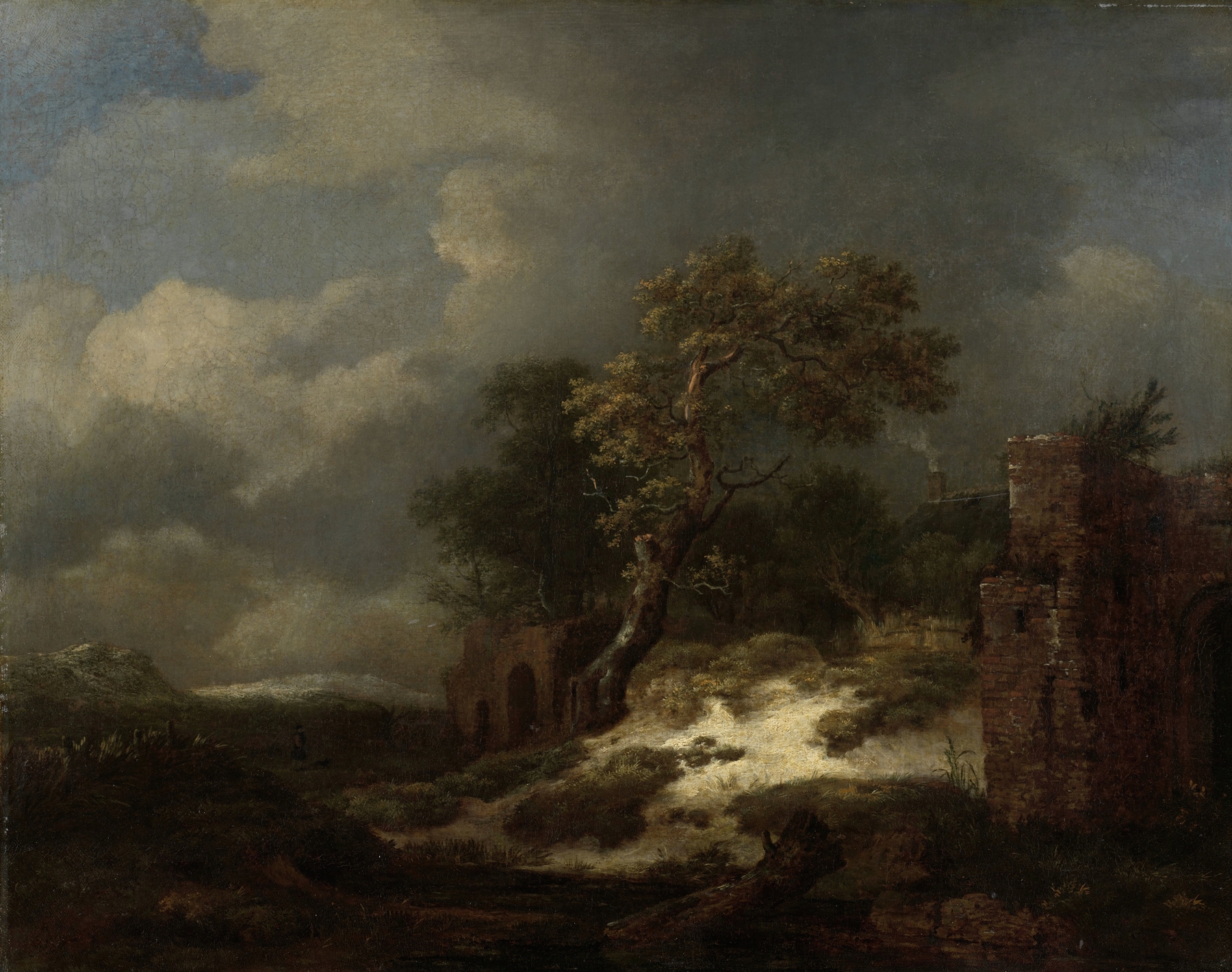 Landscape with Ruins by Jacob van Ruisdael, oil on canvas depicting ruins and golden light.