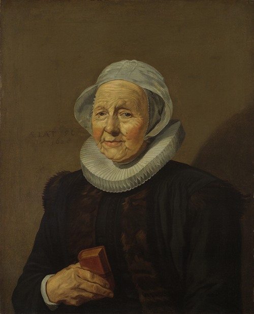 An old lady is depicted wearing a dark dress with a white collar, sitting with a serene expression.