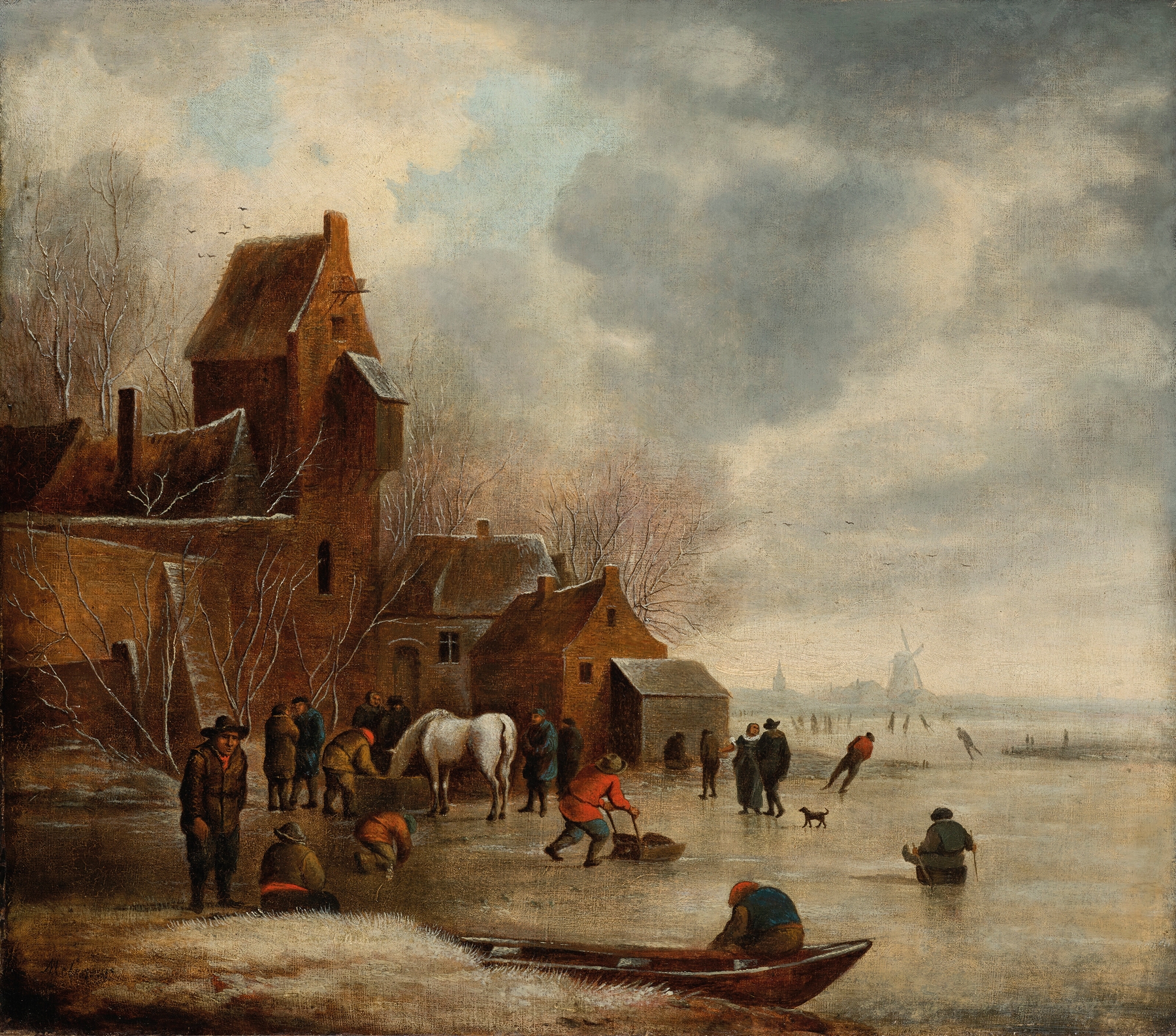 Winter landscape with skaters on ice, oil on canvas by Nicolaes Molenaer