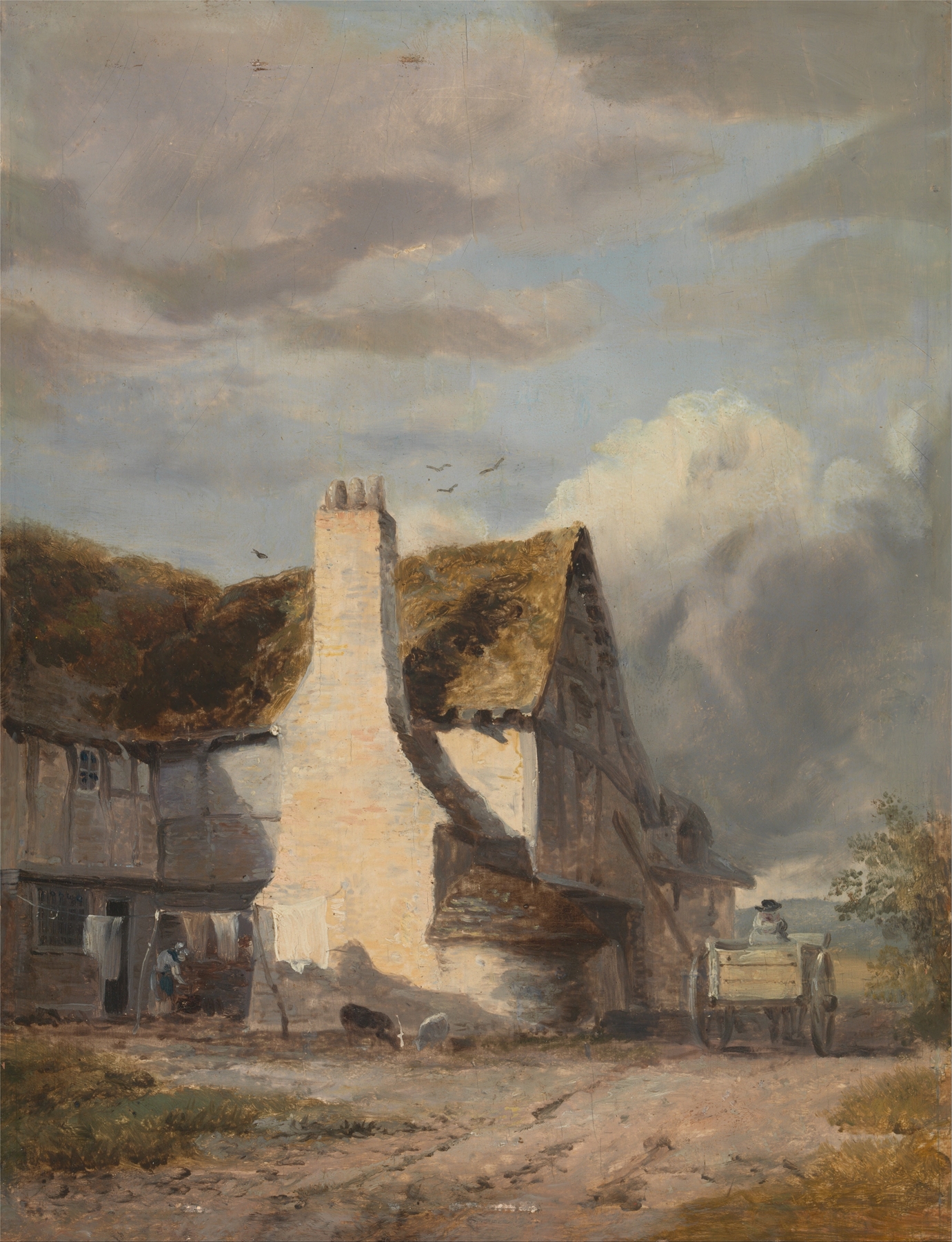 Cottage by Sir Augustus Wall Callcott, oil painting, set in a tranquil landscape at dusk.