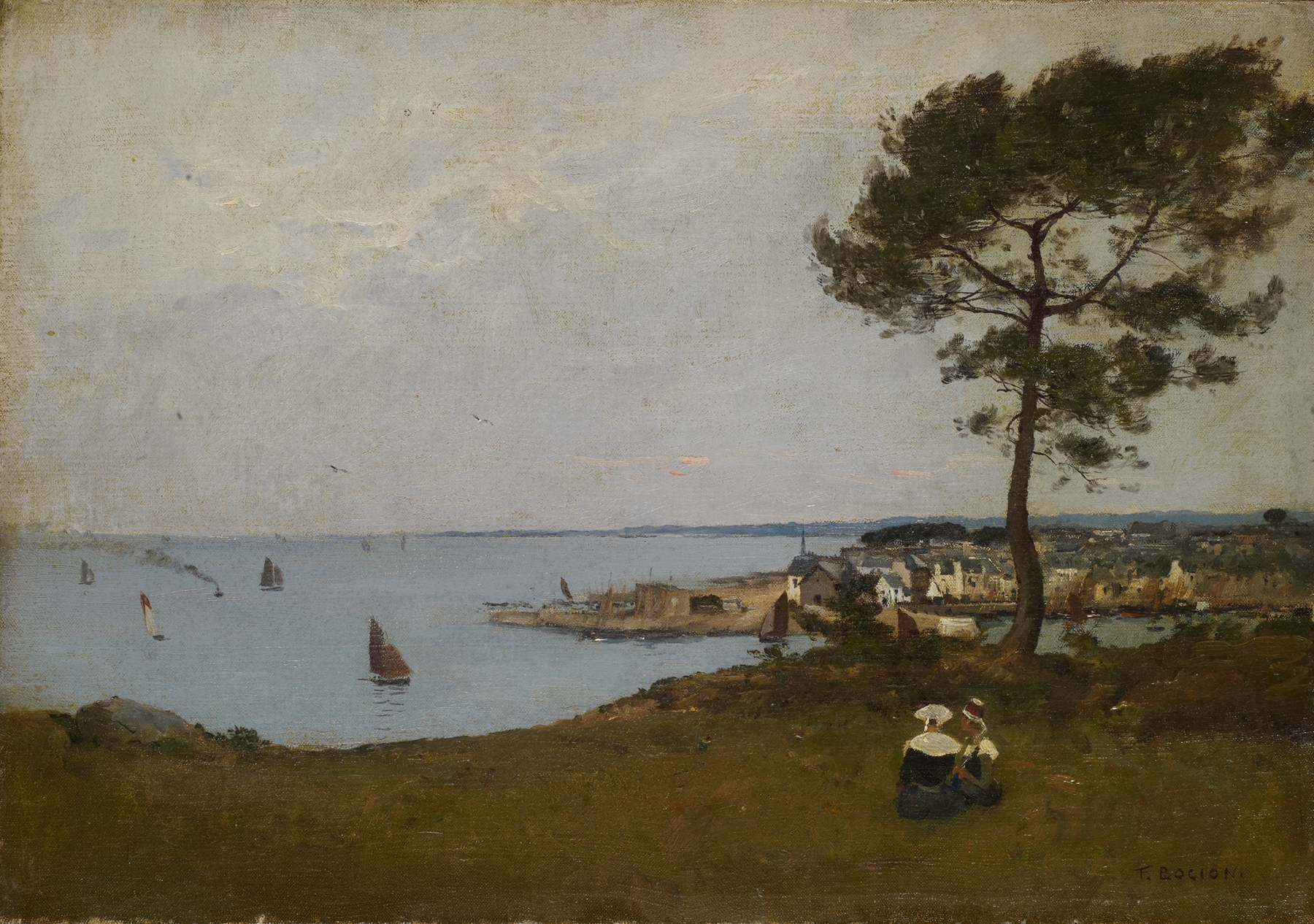 Marine scene with gentle waves and weathered boats by François Bocion, oil painting, 1866