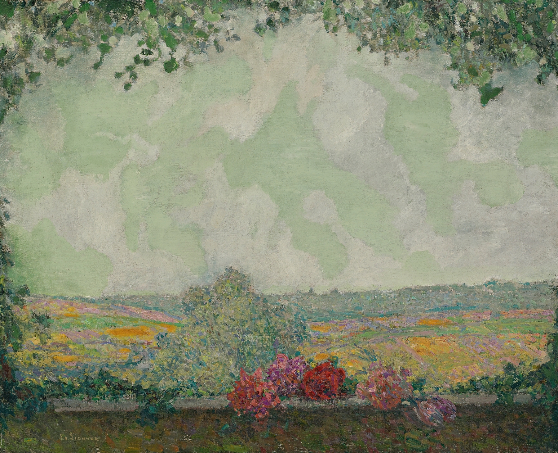 Vue De La Terrasse, oil on canvas by Henri Le Sidaner, depicting a terrace at sunset with glassware.