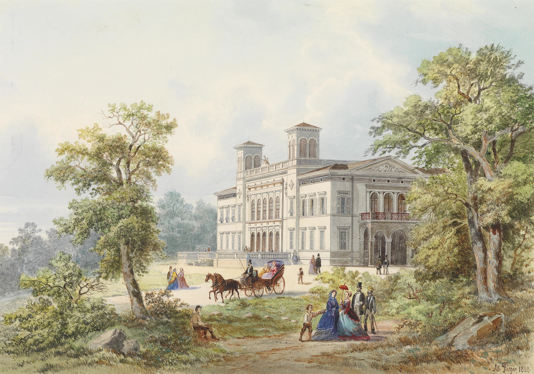 Landscape oil painting by Albert Rieger depicting a serene scene with soft colors.