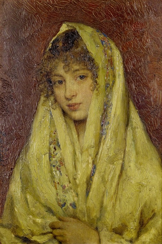 A young girl wearing a yellow shawl, captured in a realistic style.