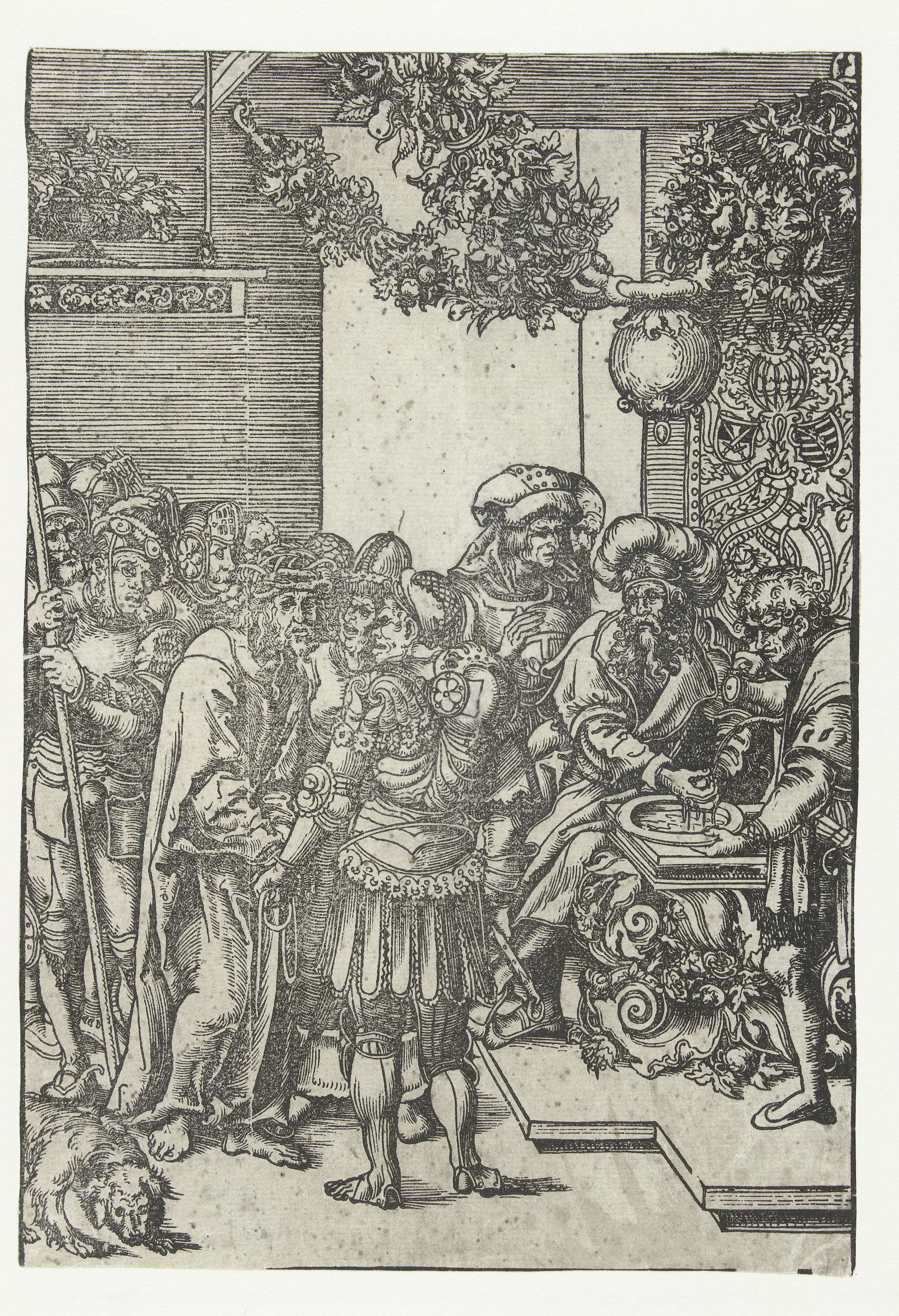 Pilatus wast zijn handen, etching by Lucas Cranach (I), depicting Pilate washing his hands over a basin.
