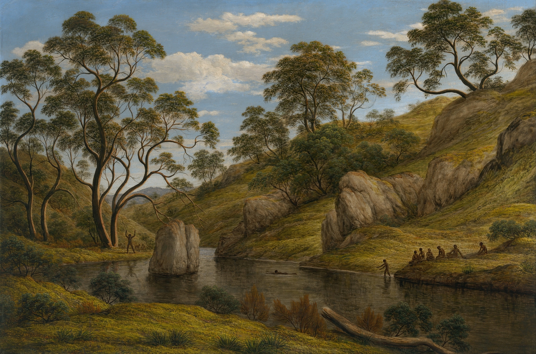 Oil painting by John Glover depicting lush greenery and distant hills under a warm sky.