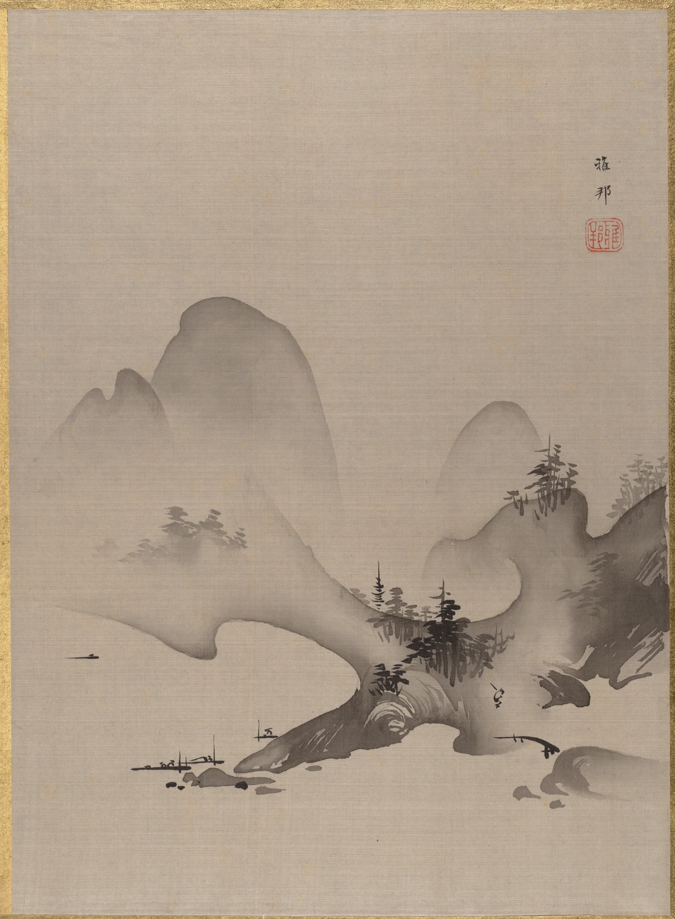 Lake and Mountains by Hashimoto Gahō, ink on paper, depicting a tranquil lake and distant mountains
