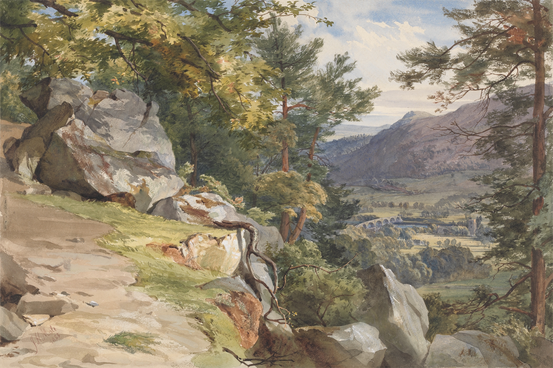 Landscape oil painting by John Henry Mole depicting hills and clouds.