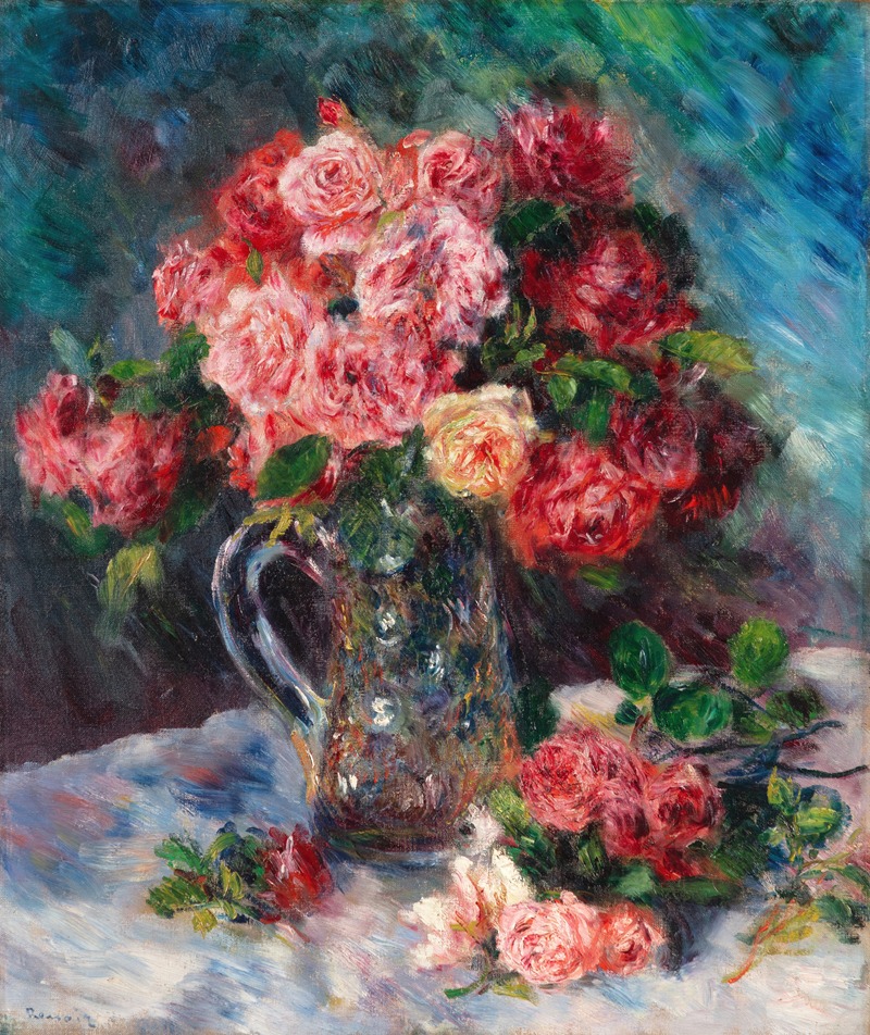 A beautiful still life painting of roses in a crystal vase by Renoir.