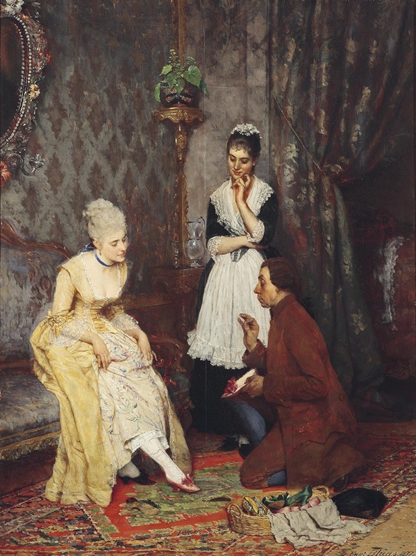 Eugen von Blaas's painting 'Der perfekte Schuh' captures a moment of daily life with vibrant colors and detailed figures.