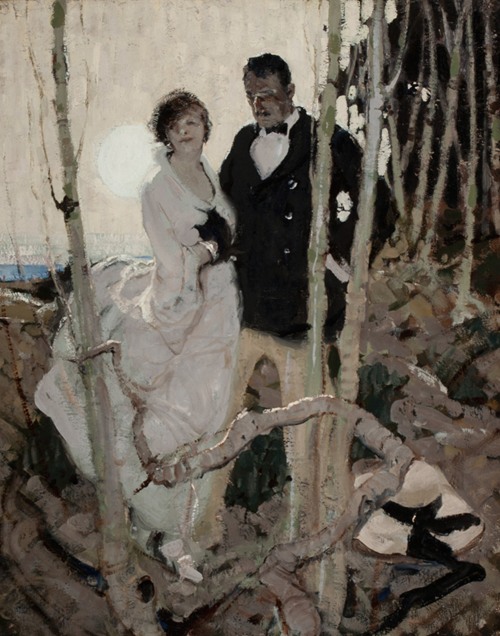 A romantic depiction of a couple under the moonlight.