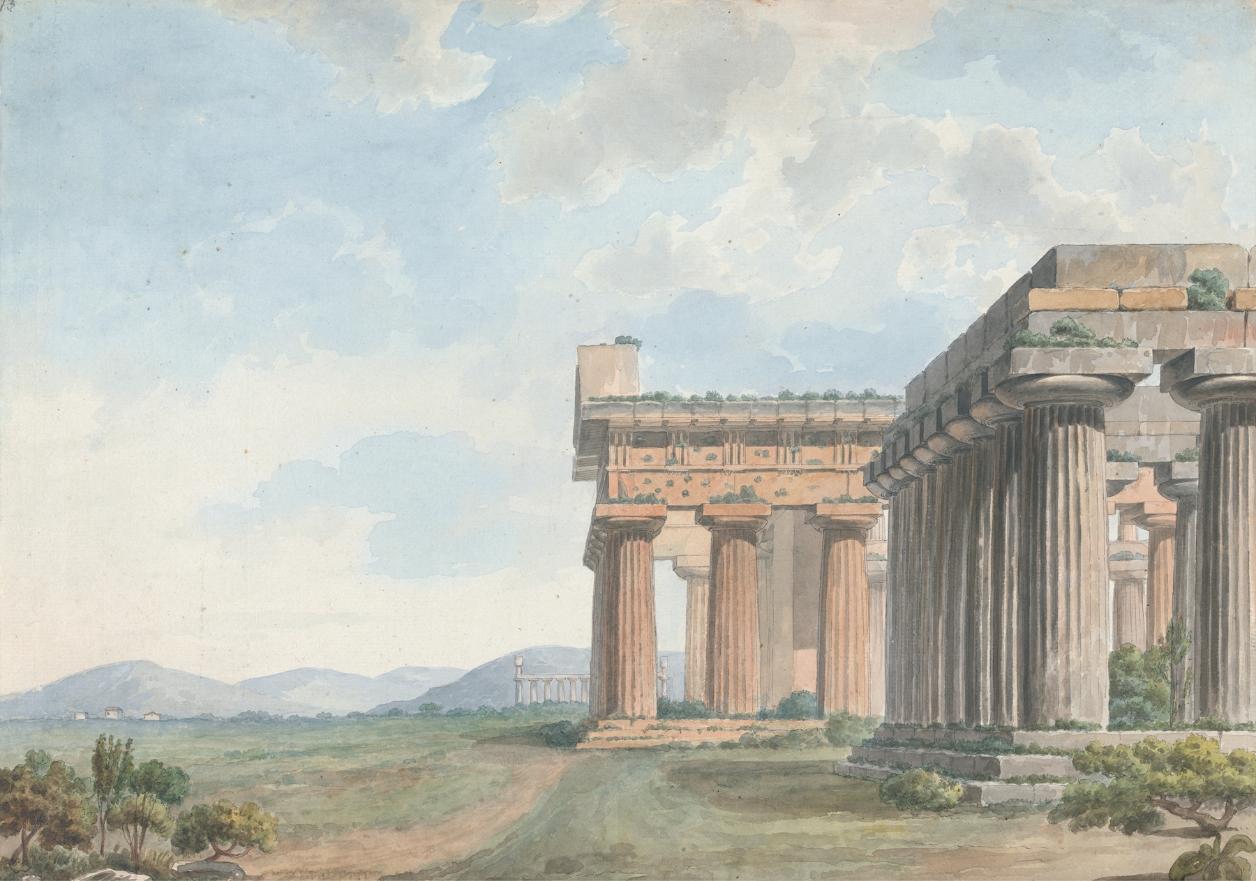Temple Ruins at Paestum, oil on canvas by Willey Reveley, featuring ancient columns in warm light.