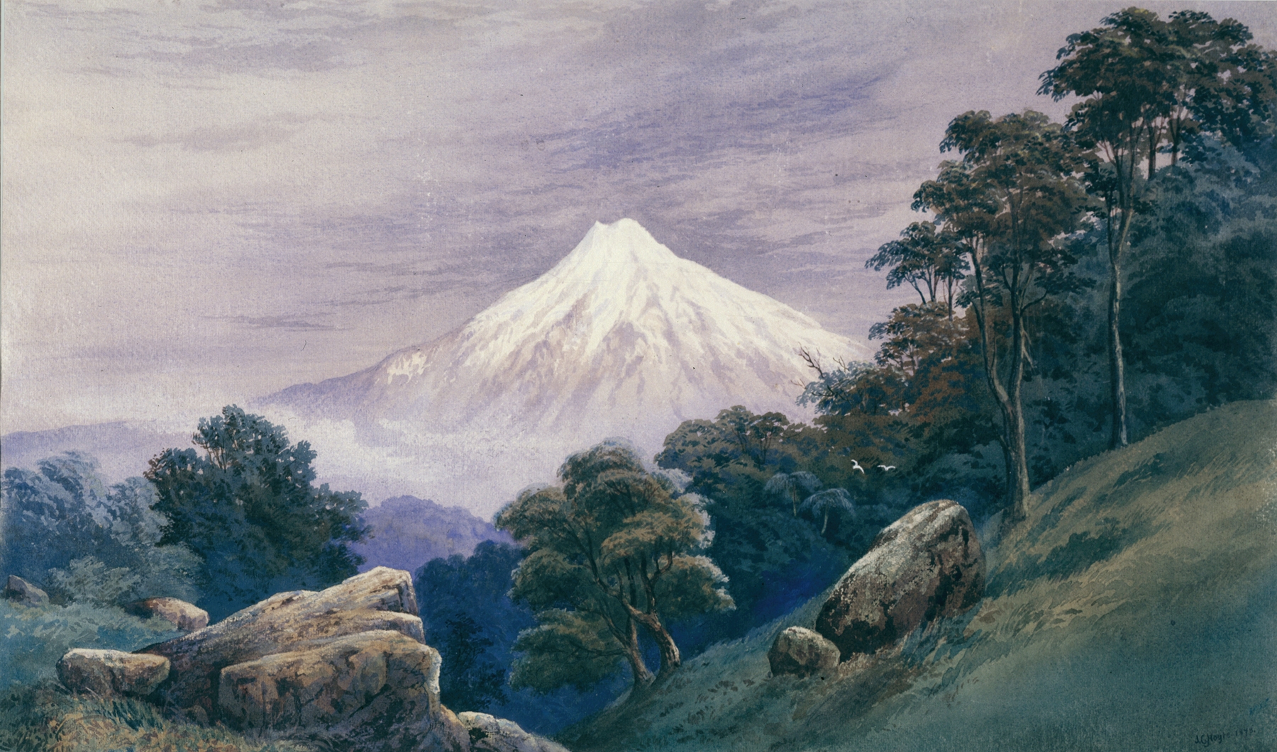 Mt Egmont by John Hoyte, oil on canvas depicting a mountain surrounded by clouds.