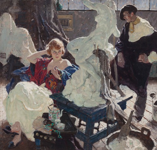 A painting depicting an artist and his model in a studio setting.