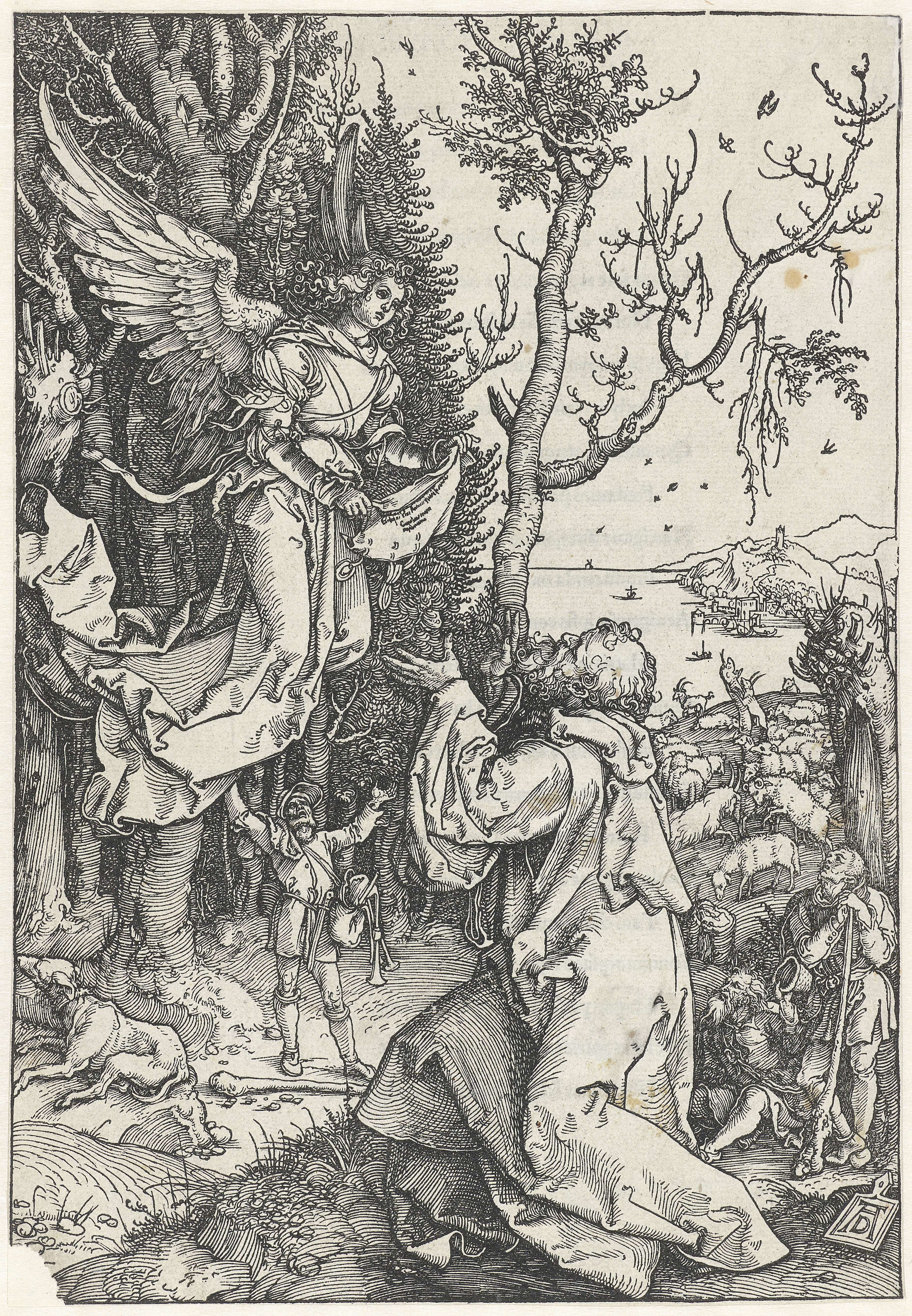 Religious scene depicting Joachim illuminated by light, etching by Albrecht Dürer