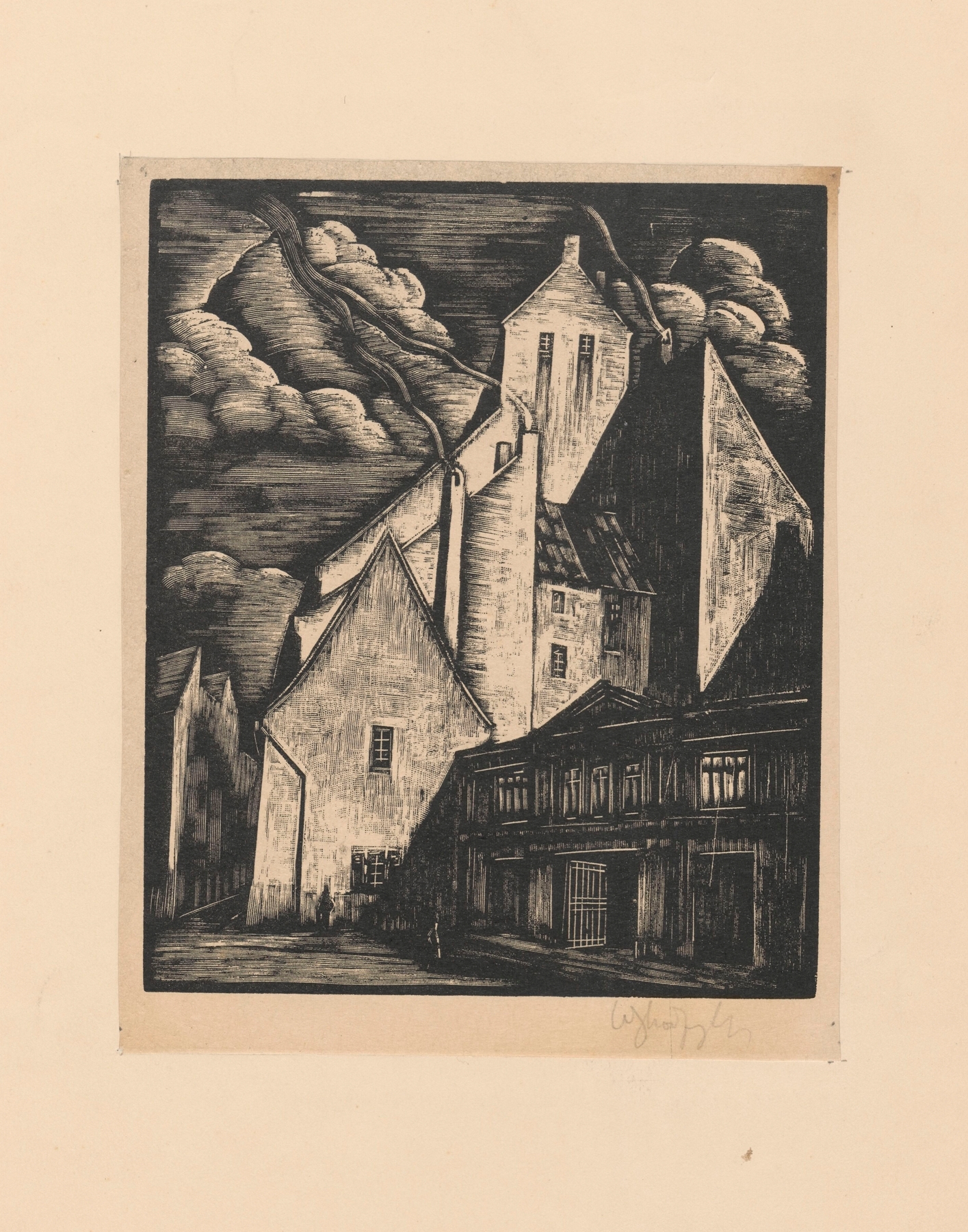Architecture scene depicting urban decay, oil painting by Władysław Skoczylas