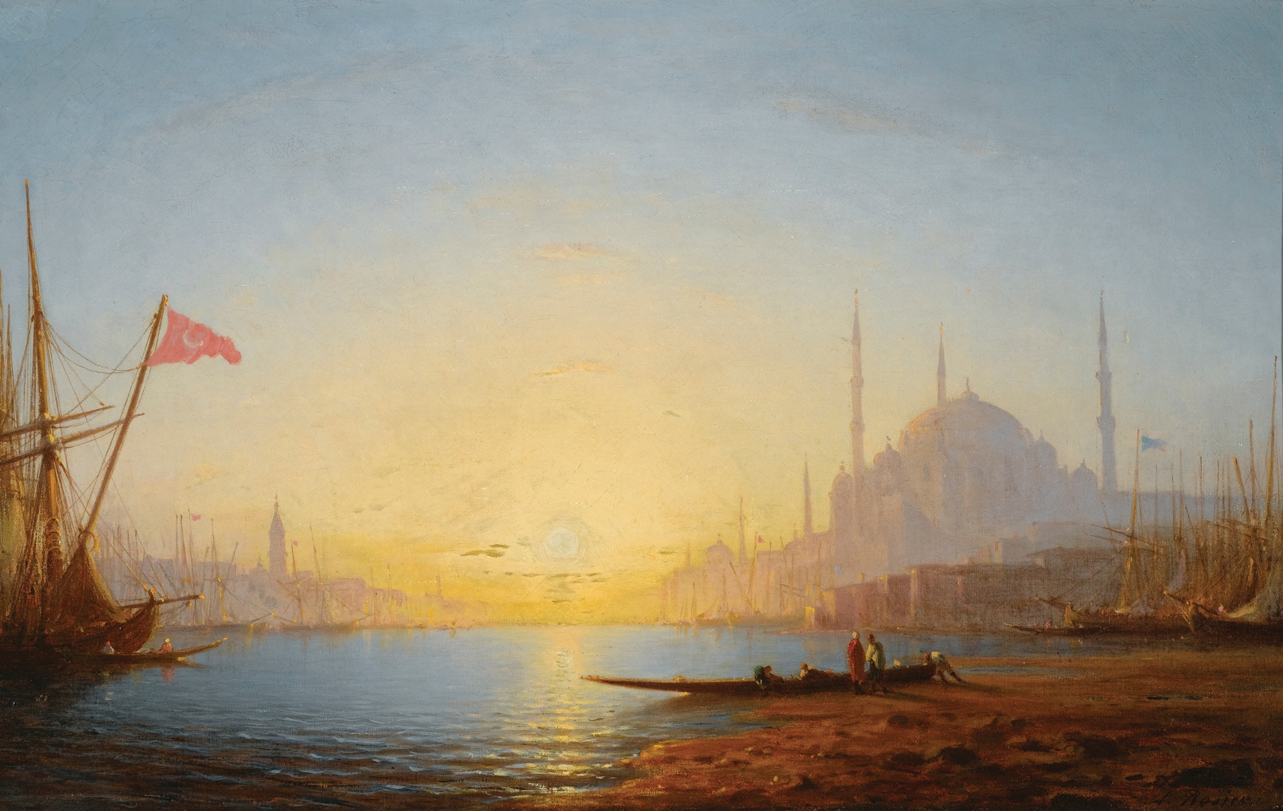 Landscape of Constantinople with minarets at dawn, oil on canvas by Amédée Rosier