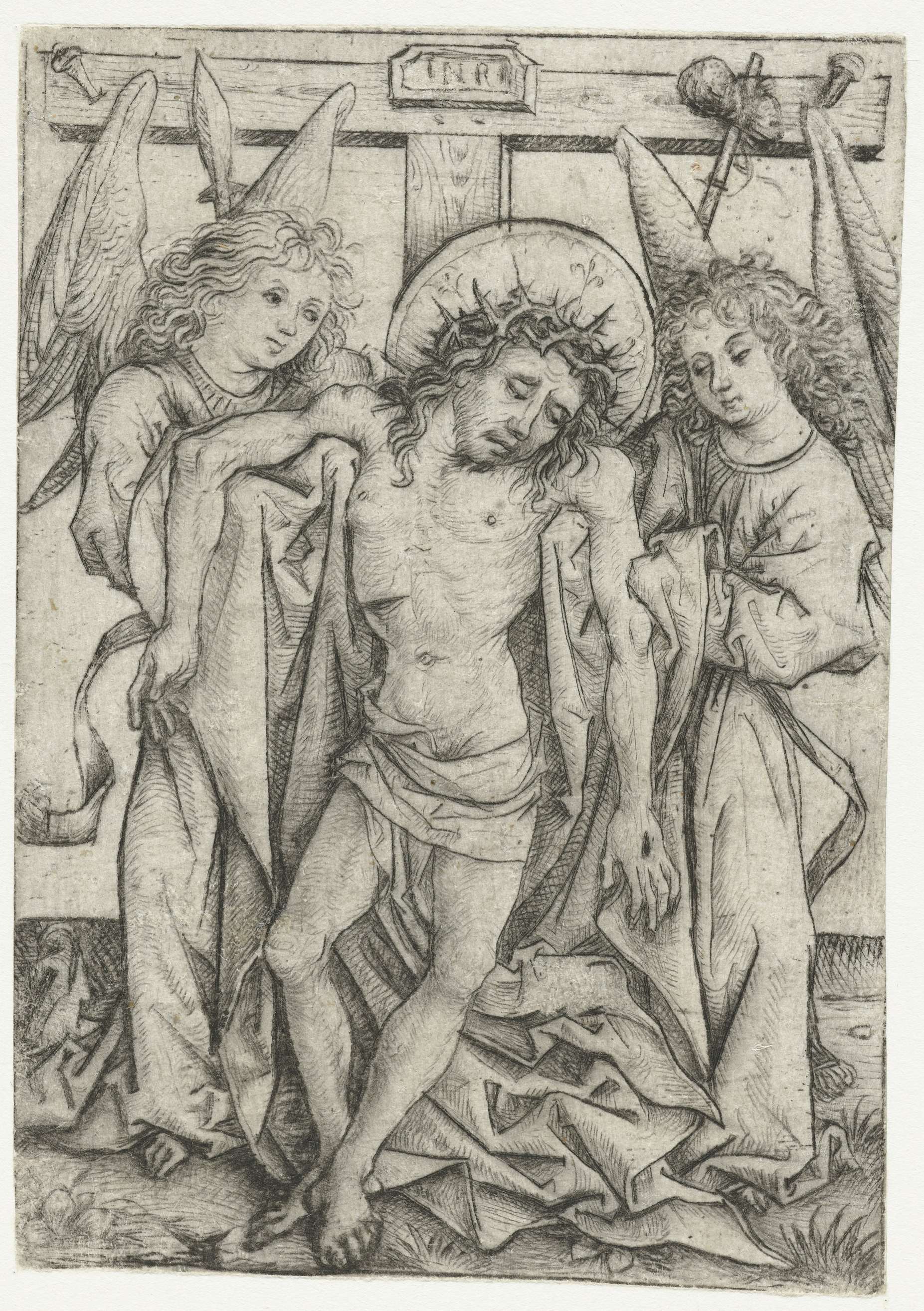 Drypoint by Meester van het Amsterdamse Kabinet depicting Christ supported by two angels.