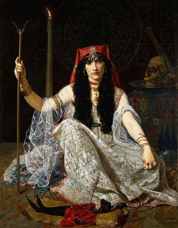 A captivating painting depicting a sorceress surrounded by mystical elements.